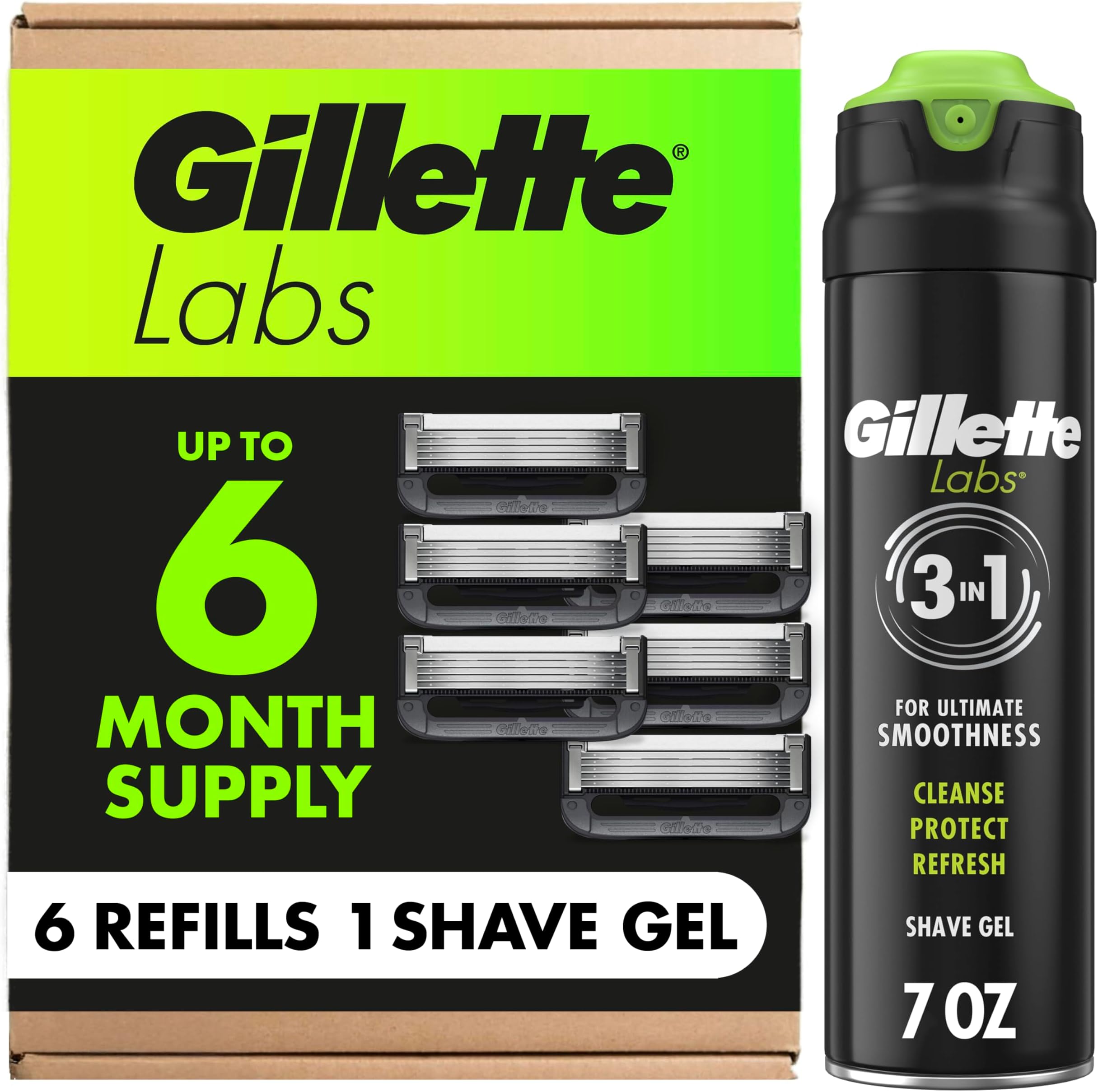 Labs with Exfoliating Bar Razor Refills for Men , 6 Razor Blade Refills and 7oz Rapid Foaming Shave Gel