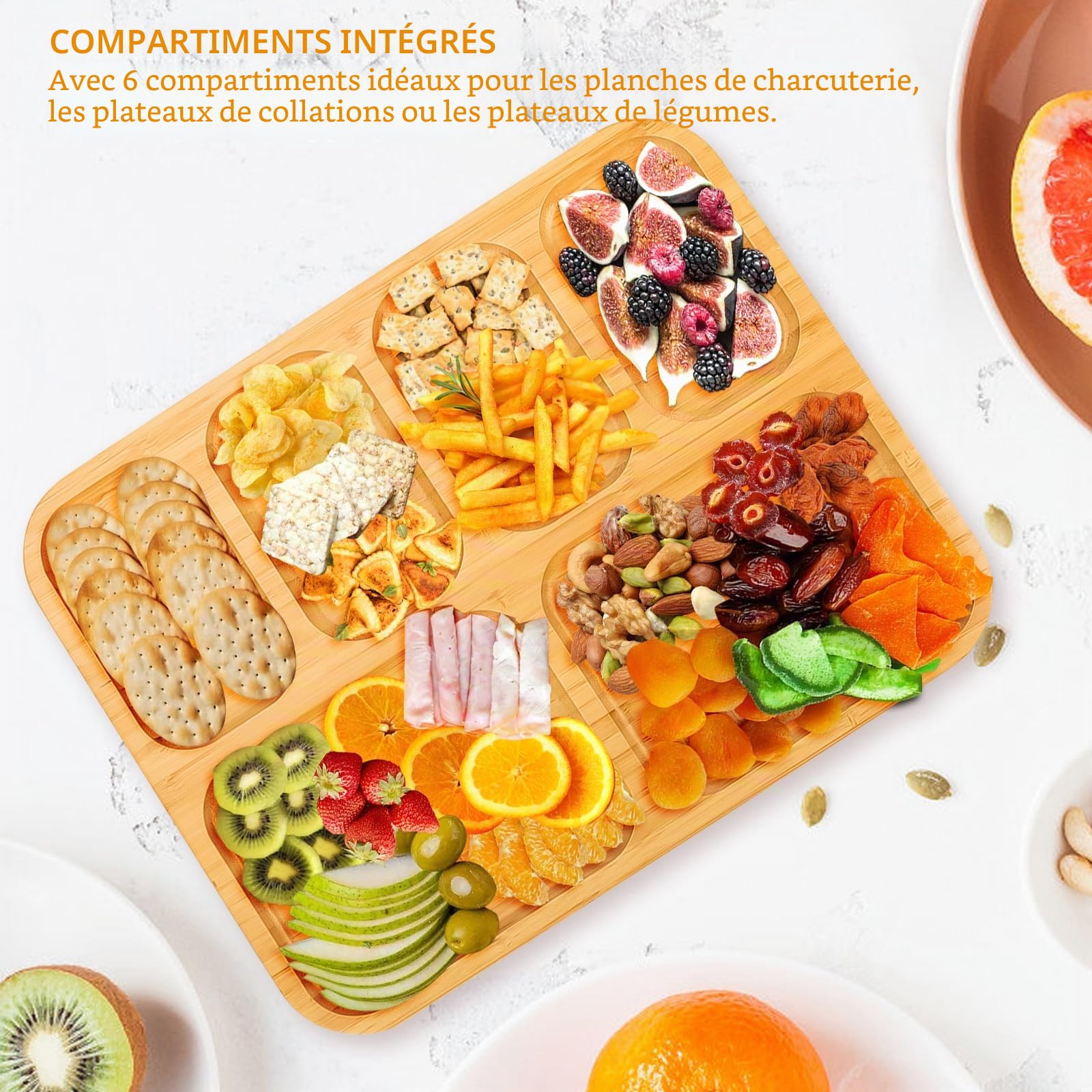 6 Compartiments Plateau à Fromage en Bois, 35,7×28,1×2,3cm Planche à Charcuterie avec Couvercle et Fermetures, Planche Charcuterie Plateau de Service pour Fruits, Collations, Desserts, Légumes