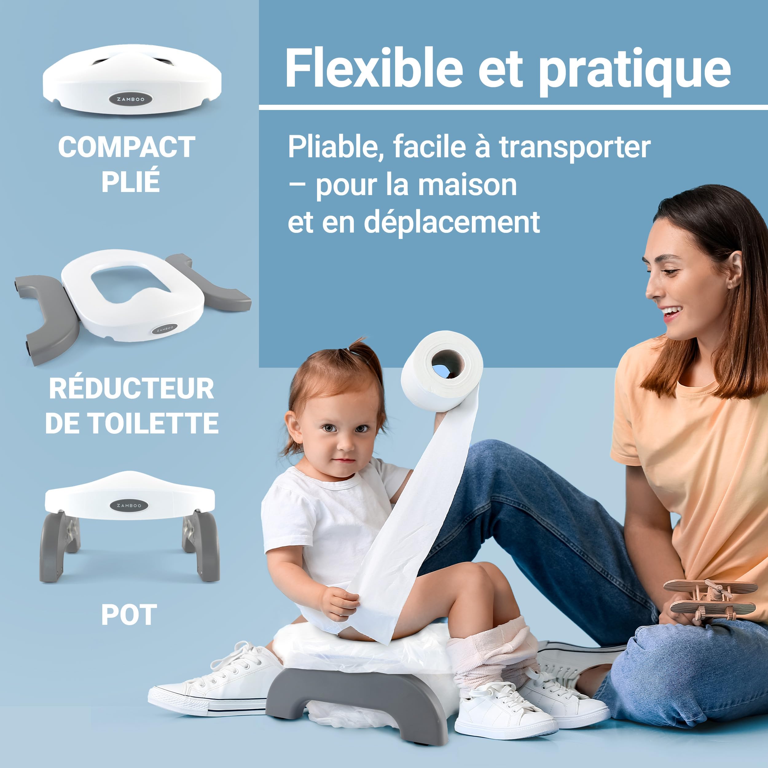Zamboo Toilette Portable Enfant 3en1 – Pot Bebe & Réducteur Toilette pour Enfants dès 15 mois | Pot Pliable Enfant Voyage et Maison, Anti-Eclaboussure, Utilisable avec Sacs Jetables, Gris