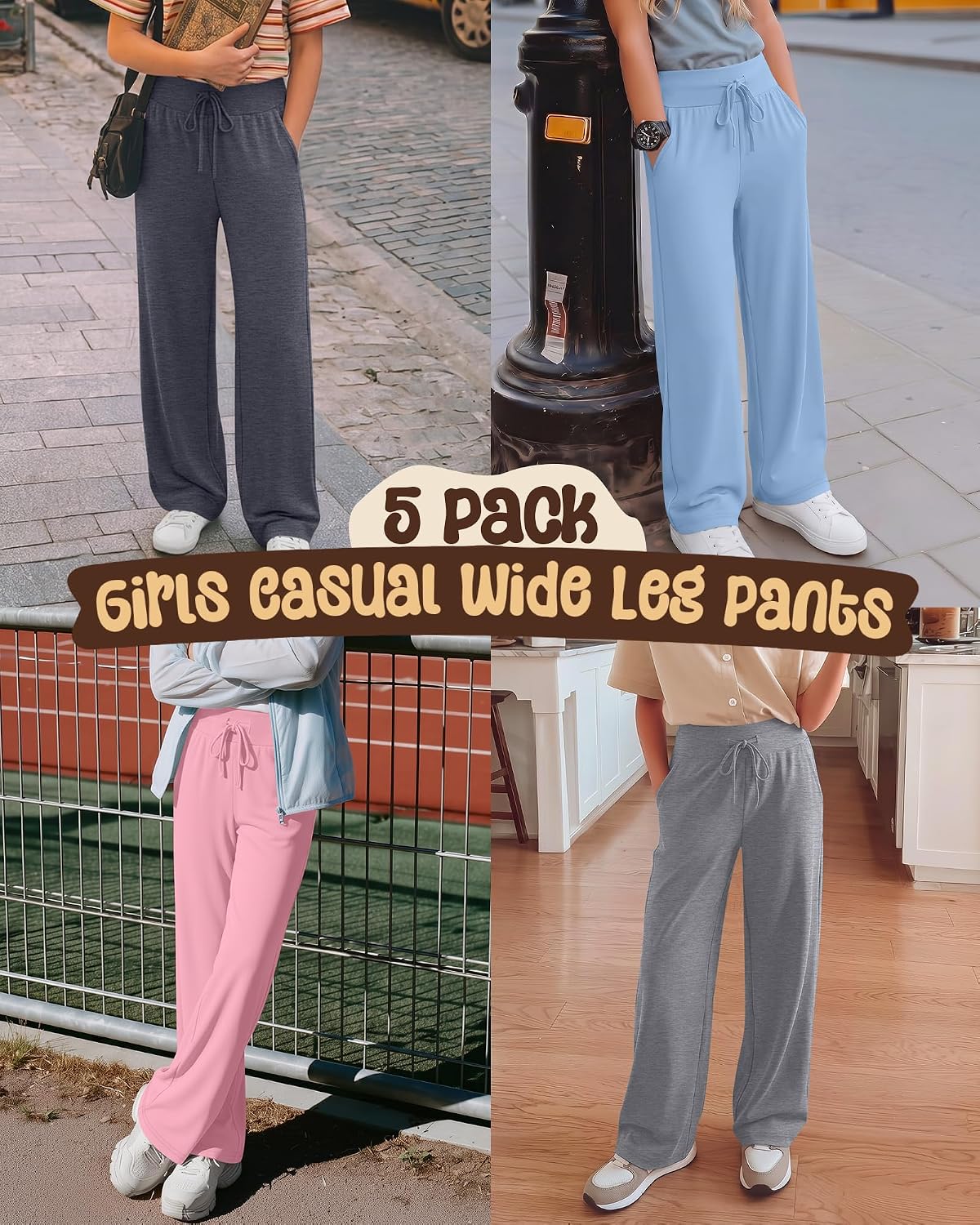5 Pack Girls Wide Leg Pants Kids Casual Baggy Yoga Pants Drawstring Open Bottom Sweatpants with Pockets 5-14 Y