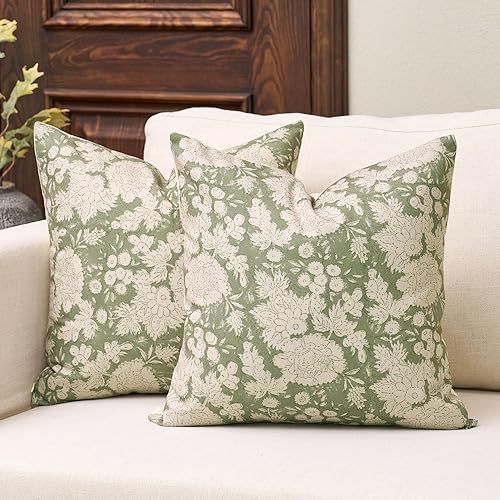 Miniatura 12 de DOMVITUS Juego de 2 fundas de almohada florales de 20 x 20 pulgadas, fundas de almohada con estampado de bloques vintage, fundas de almohada Marrón