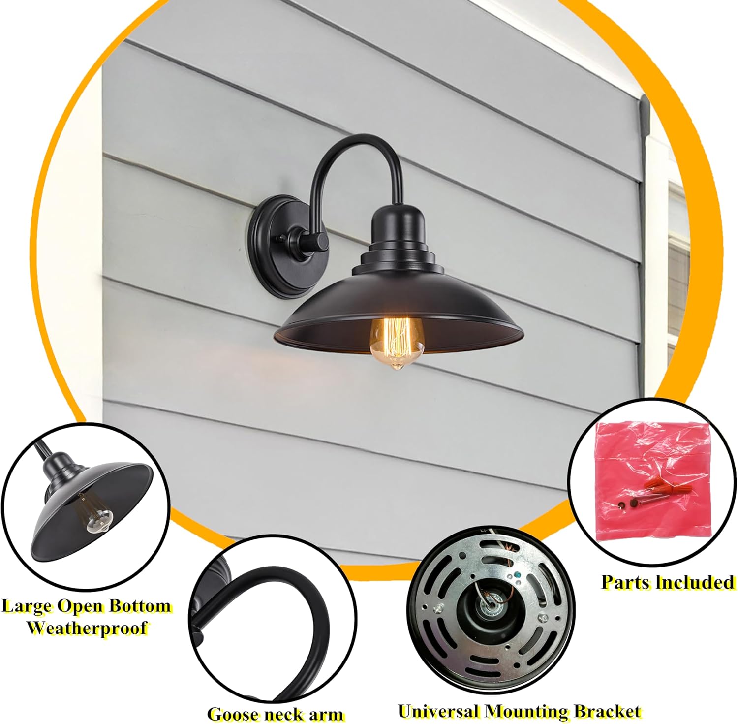 Black Gooseneck Barn Light Indoor, Farmhouse Vanity Lighting Fixtures with E26 Based Socket, Round Exterior Wall Sconce for House Bedroom Garage Bathroom