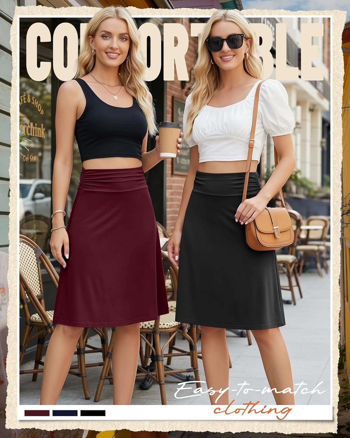 3 Pack Womens Midi Skirts Flowy Lightweight Knee Length Casual Elastic Waist Modest Flared Skirts Trendy Summer - Image 2