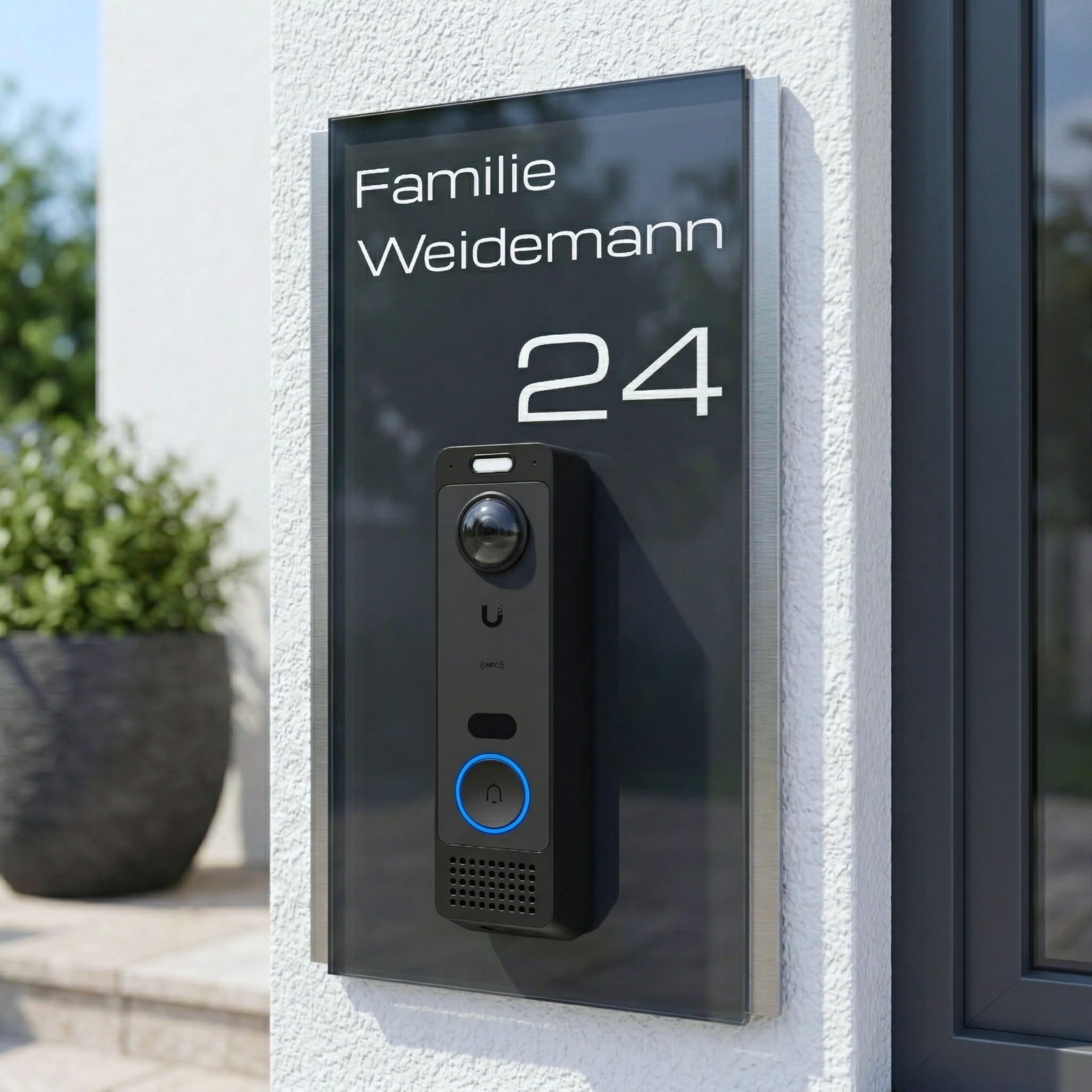 Namensschild für Ubiquiti UniFi G6 Entry aus Edelstahl & Hochglanz Acrylglas - Zubehör Schild für Video Türklingeln & Smart Home Systeme - Personalisiert & wetterfest (34x24 cm)
