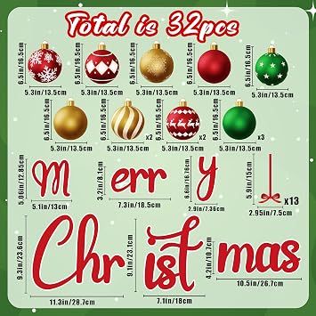 32PCS Christmas Garage Door Decorations Magnets - Merry Xmas Ball Holiday Refrigerator Fridge Kitchen Decor(Red, Green, Gold)