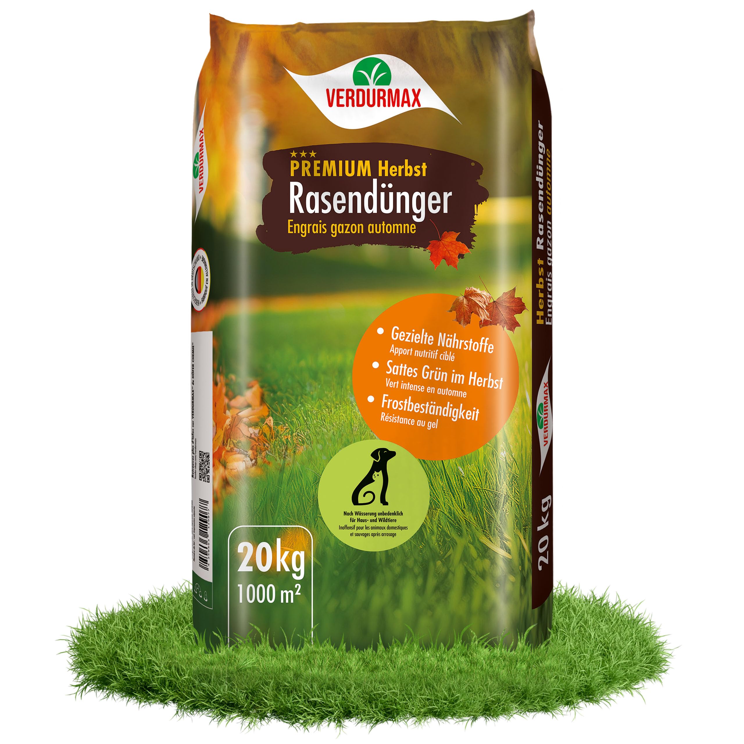 Verdurmax 1 x 20 kg engrais pour gazon d'automne de qualité supérieure - 100% végétalien - Engrais NK 7+18 (+14+2+25) - Résistant à l'hiver et au gel - Granulés sans poussière