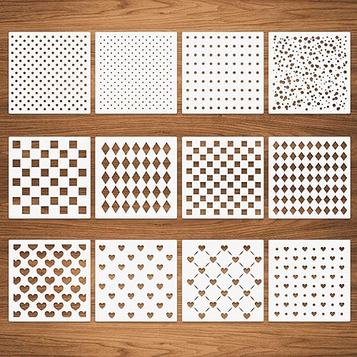 12 plantillas de medios mixtos, plantillas de corazón a cuadros de lunares, patrones repetitivos de varios tamaños para pintar en muebles de madera,