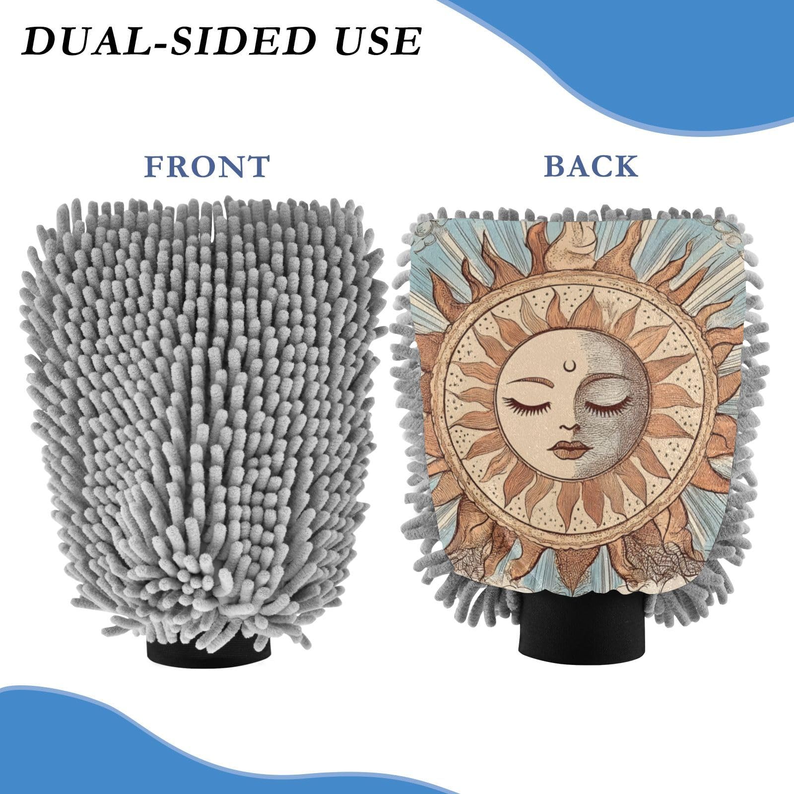 ALAZA Sun Moon Astrology Alchemy Car Wash Mitt Scratch Free, 2 Pack Absorbent Microfiber/Chenille Washing & Drying Mitts, L