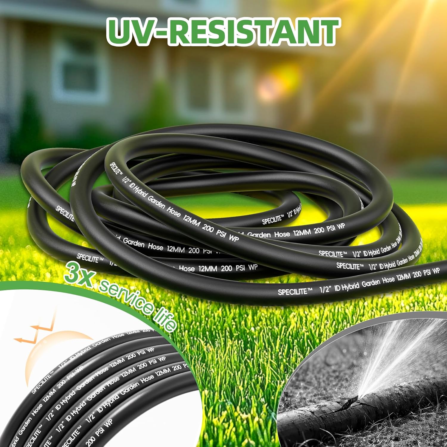 SPECILITE Lightweight Garden Hose 75 Ft, Flexible Water Hose 1/2 IN, Hybrid Rubber Hose with 3/4" Brass Swivel Fittings, Burst 600 PSI, Non-Expandable Kink-Less Pipe For Car, Yard, Outdoor, Lawn