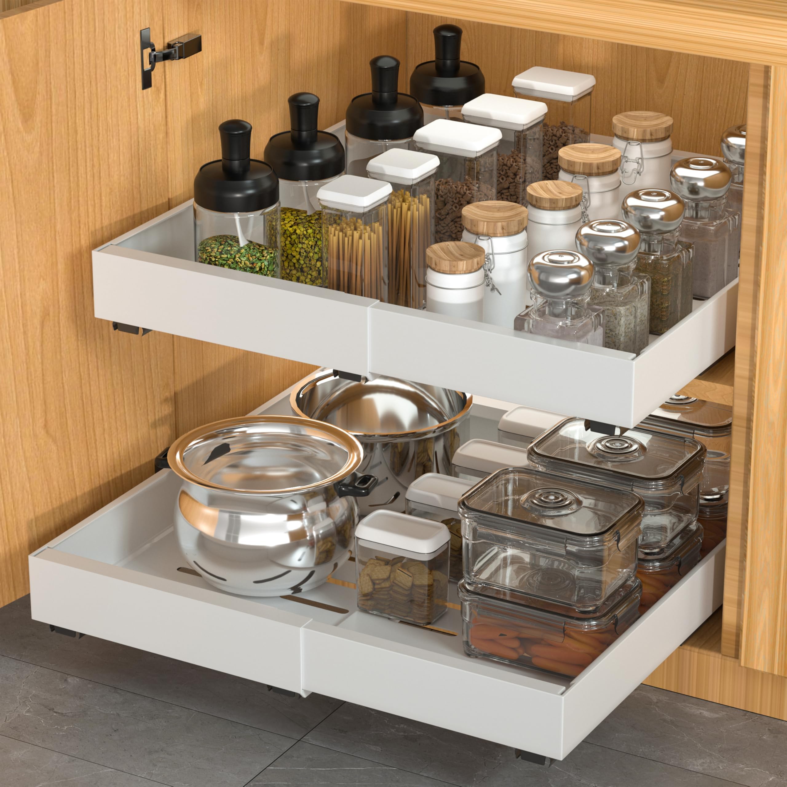 DEKAVA 2 Pack Pull Out Cabinet Organizer Expandable, Adhesive with Nano Film, Pull Out Drawers for Cabinets in Kitchen, Pantry or Bathroom (White, 21"DEEPX[12"-20'']Width-2PACK)
