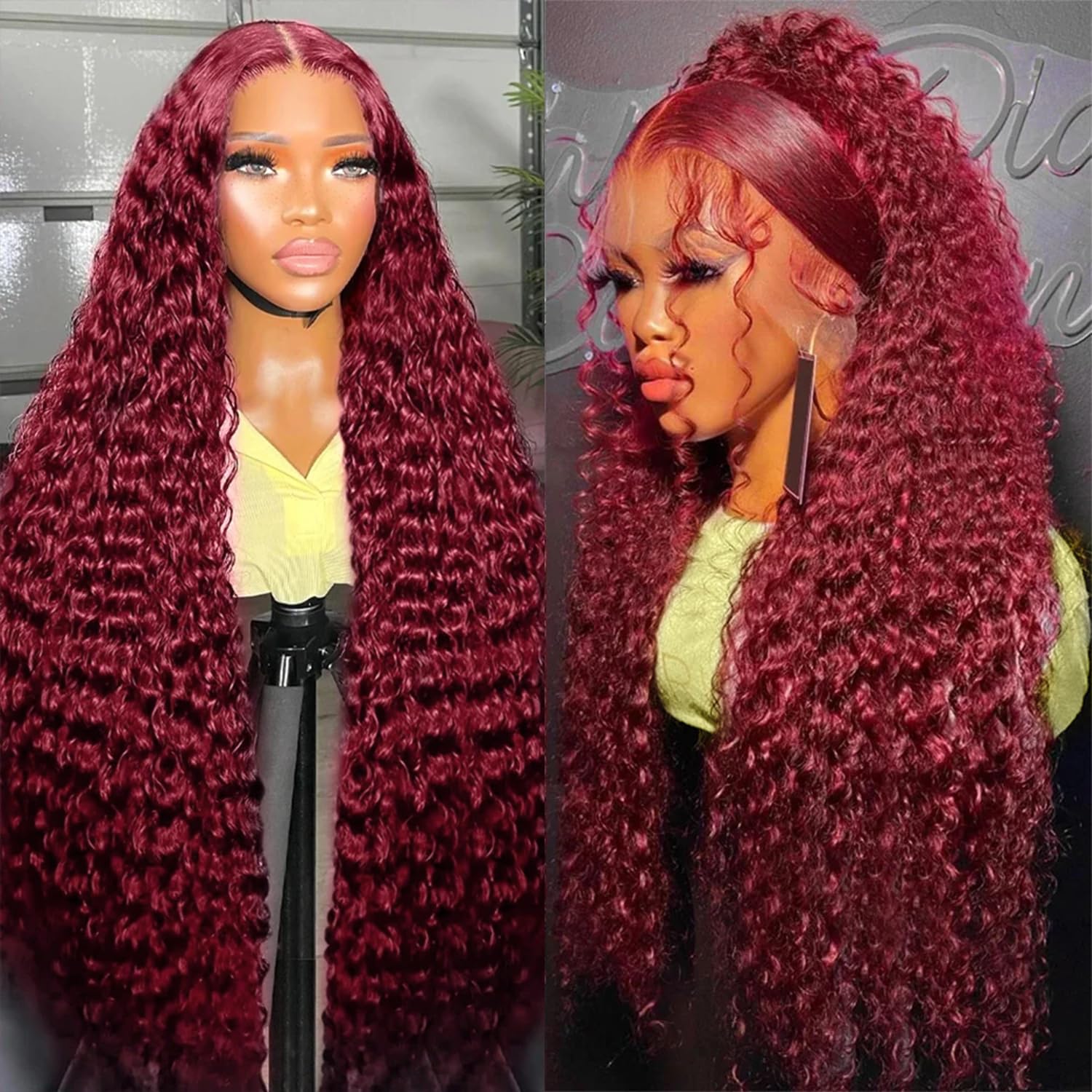 13x6 HD Lace 99j Burgundy Lace Front Wigs Human Hair 20 Inch 200 Density Deep Wave Lace Front Wigs Human Hair Pre Plucked Red Curly Human Hair Wig Glueless Colored Wet And Wavy Deep Wave - Image 4