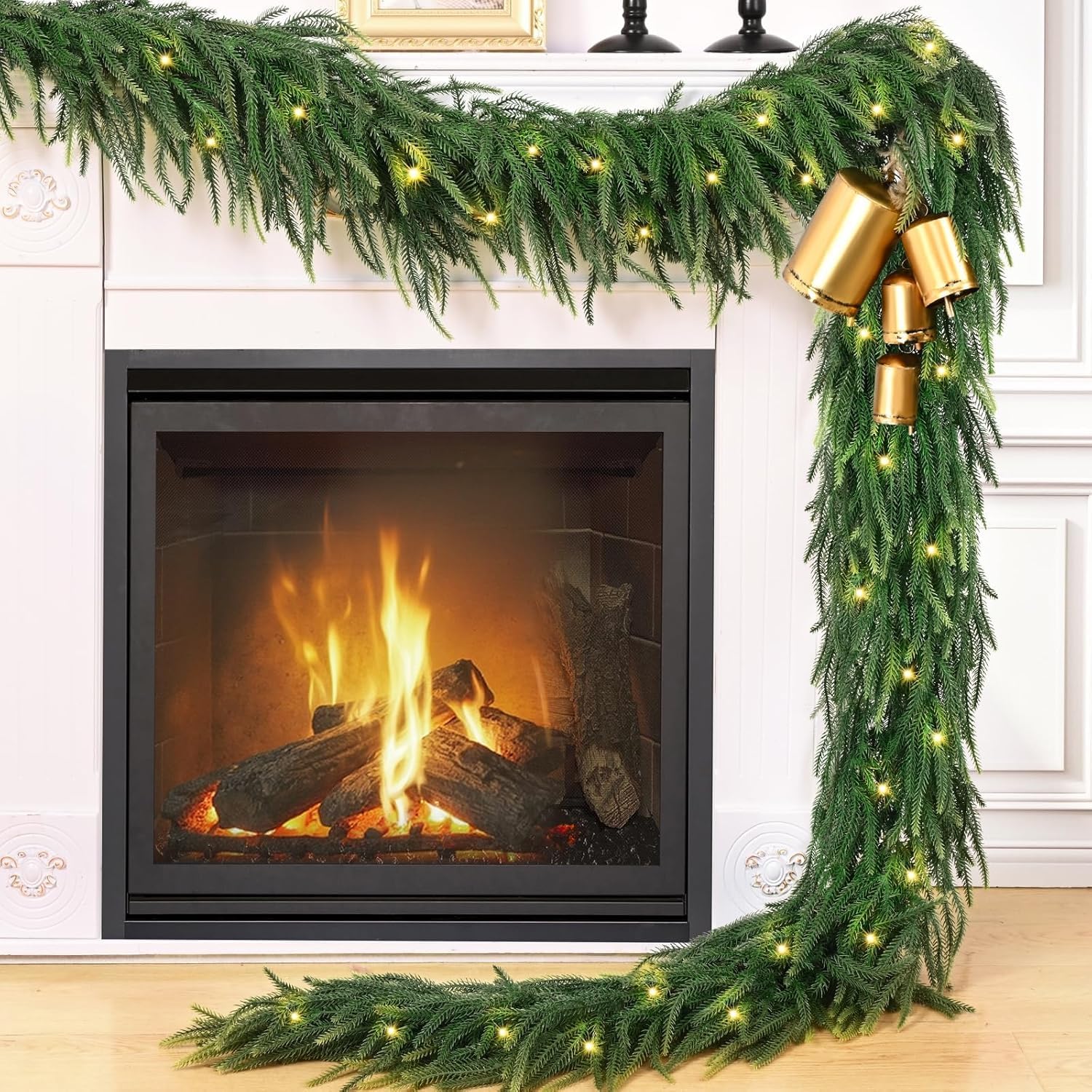 Pre-Lit Norfolk Pine Garland with Lights, Christmas Garland with Warm White LED Lights, Realistic Artificial Greenery for Fireplace Mantle, Stairs, Outdoor & Indoor Xmas Decor