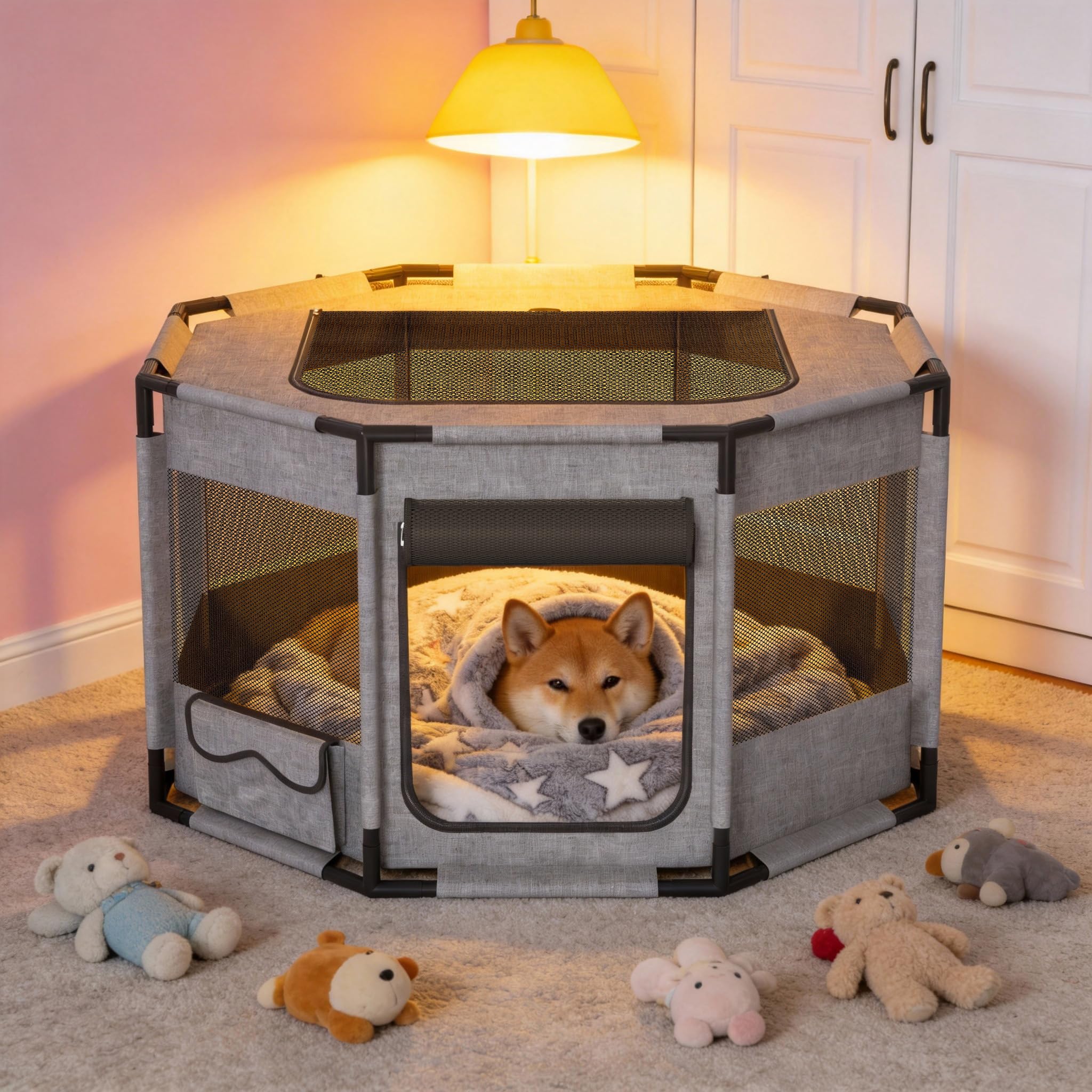 Froadp Jaula móvil para cachorros de tela Oxford 600D con marco de PVC, parque plegable para perros y gatos, con puerta con cremallera y apertura superior, gris, octogonal L