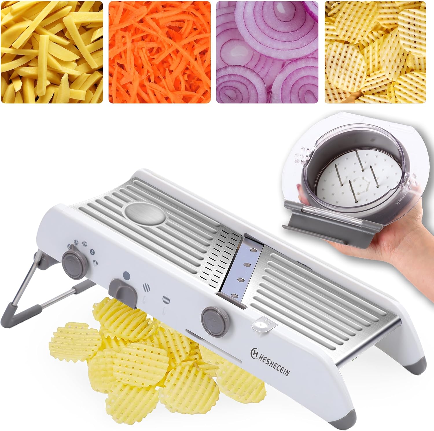 Adjustable Mandoline Slicer for Kitchen,Stainless Steel Vegetable Chopper - Food Chopper,Vegetable Slicer,Mandolin,Veggie Chopper with Waffle Maker| French Fry Cutter(WHITE)