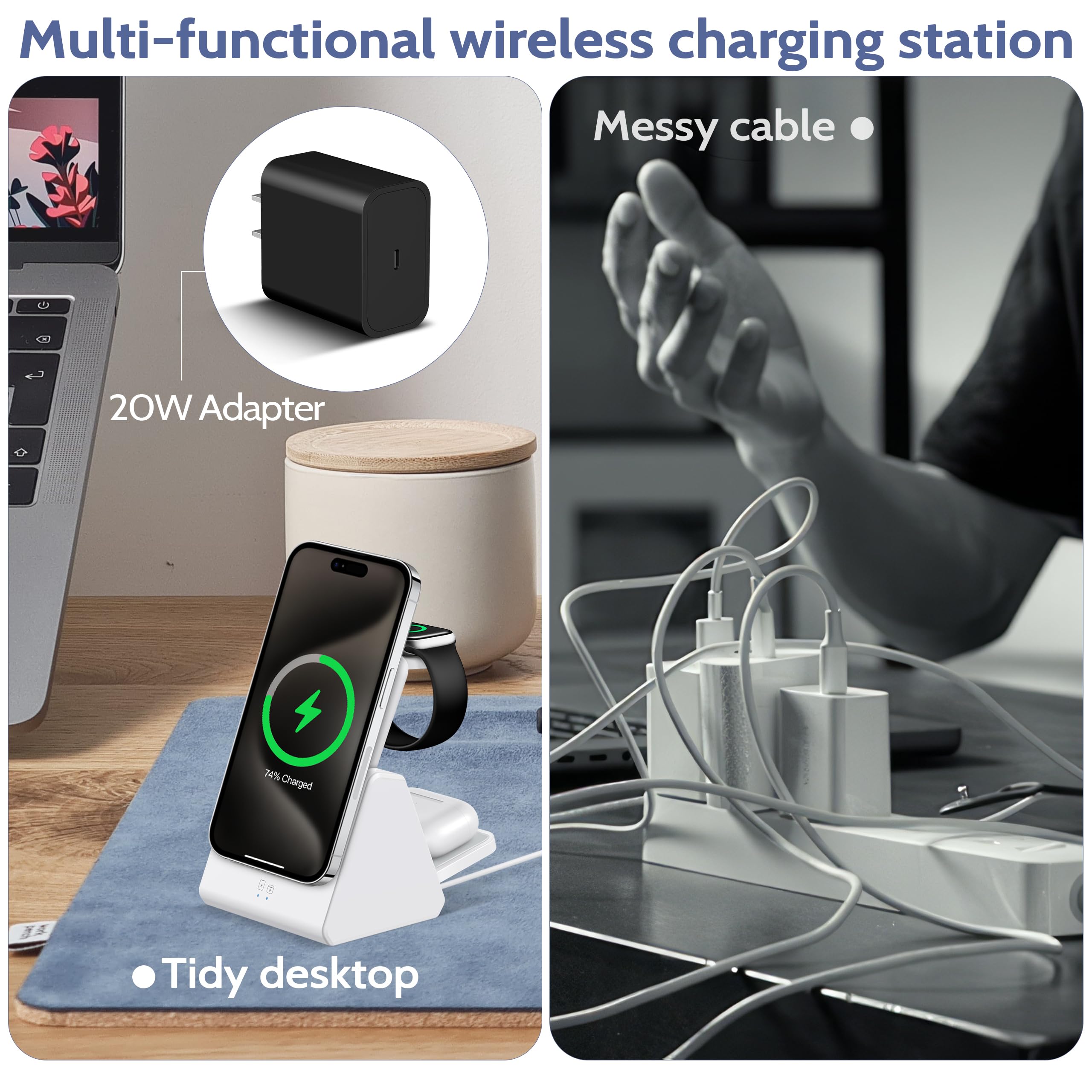 Smtcsl Stazione di ricarica wireless 3 in 1: caricabatterie portatile da 5000 mAh, compatibile con iPhone serie 16/15/14/13/12 e Apple Watch, supporto di ricarica magnetico staccabile bianco