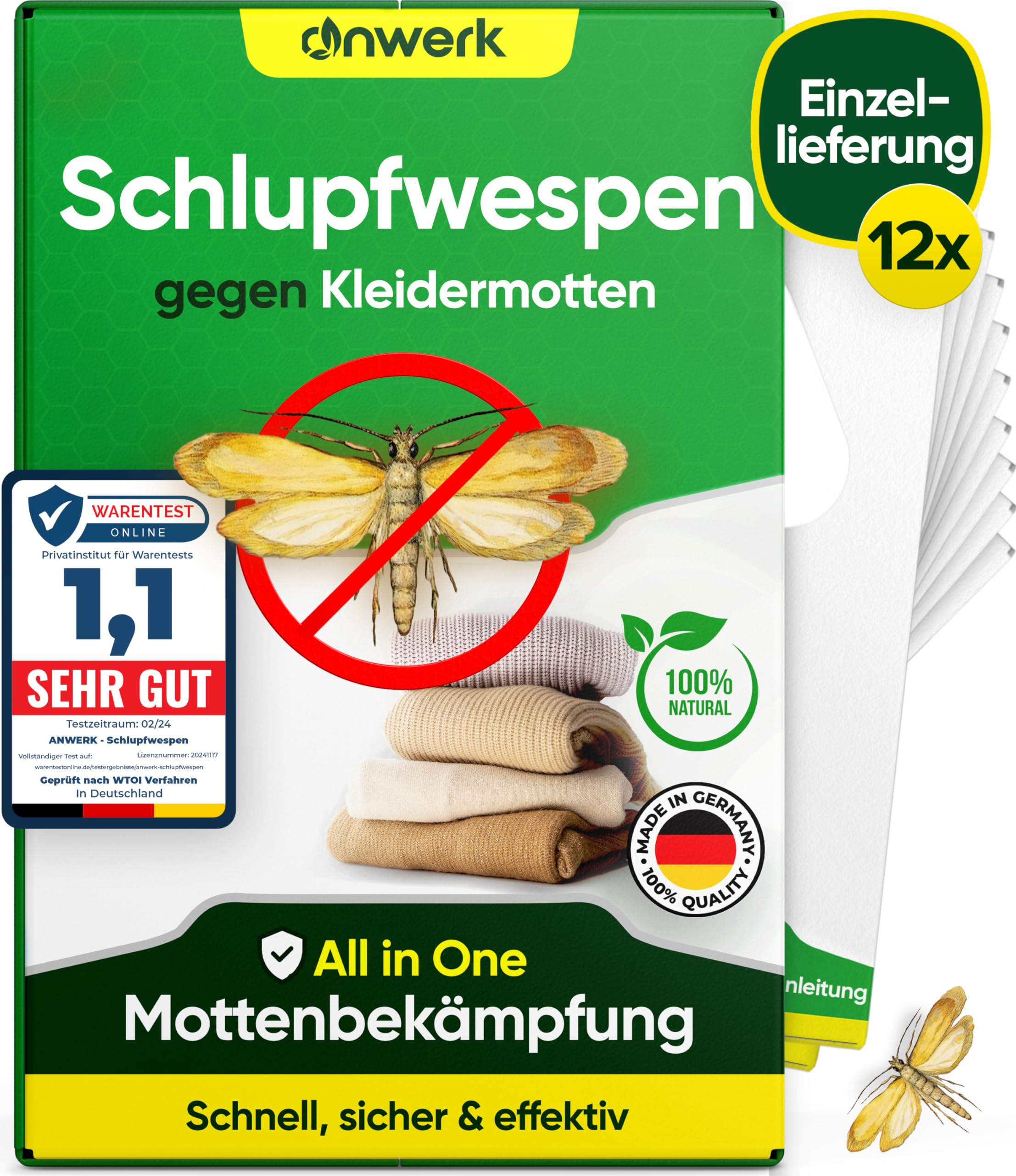 anwerk® Schlupfwespen gegen Kleidermotten - 12 Karten à 1 Lieferungen - Effektiv Kleider Motten bekämpfen - Alternative zur Mottenfalle, Mottenspray, Pheromonfalle