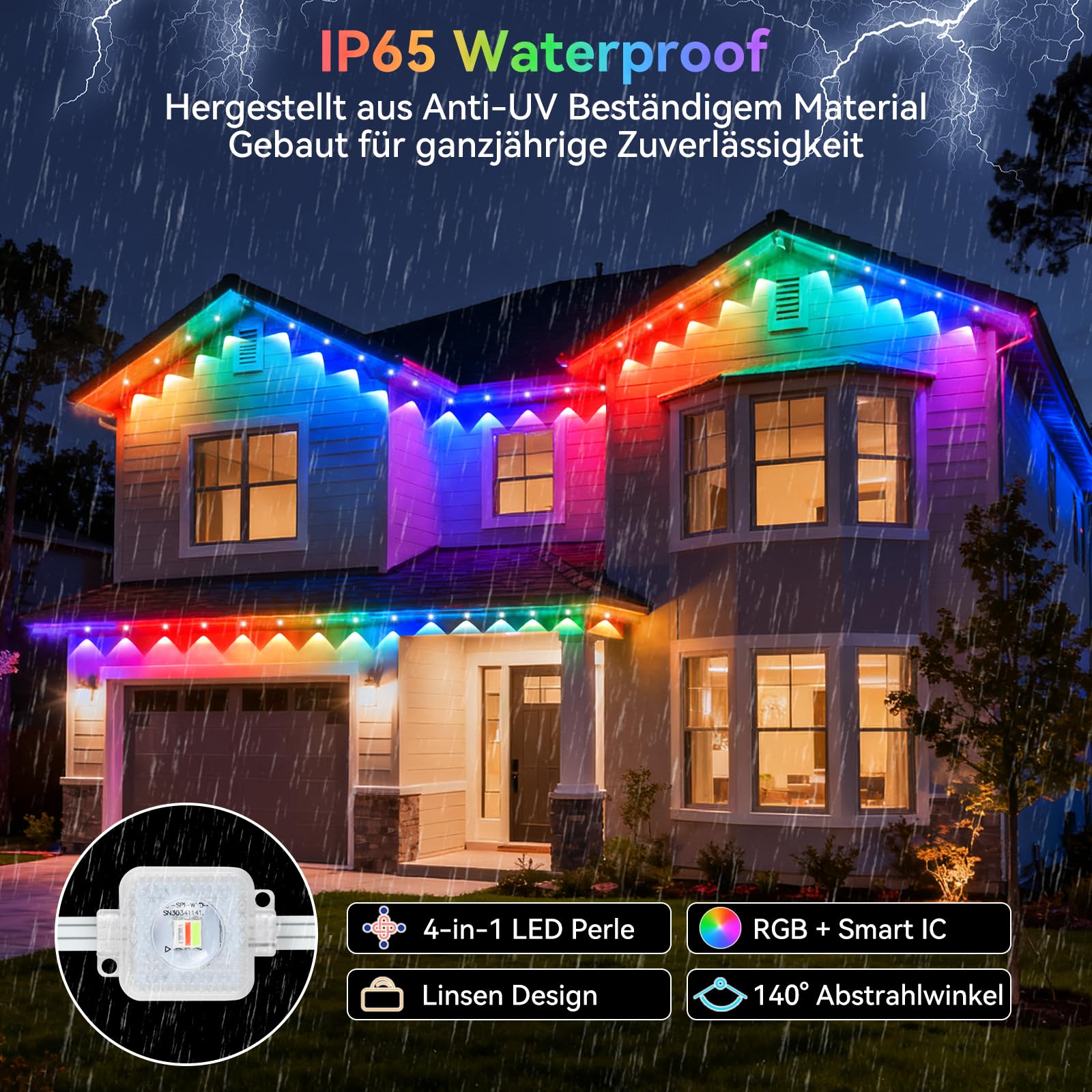 Guirlande Lumineuse Extérieure Permanente 15M 30 LED RGBIC Guirlande Lumineuse Exterieur Multimode, APP et Télécommande, IP65 Étanche pour gouttières, Plafonds et Balcon