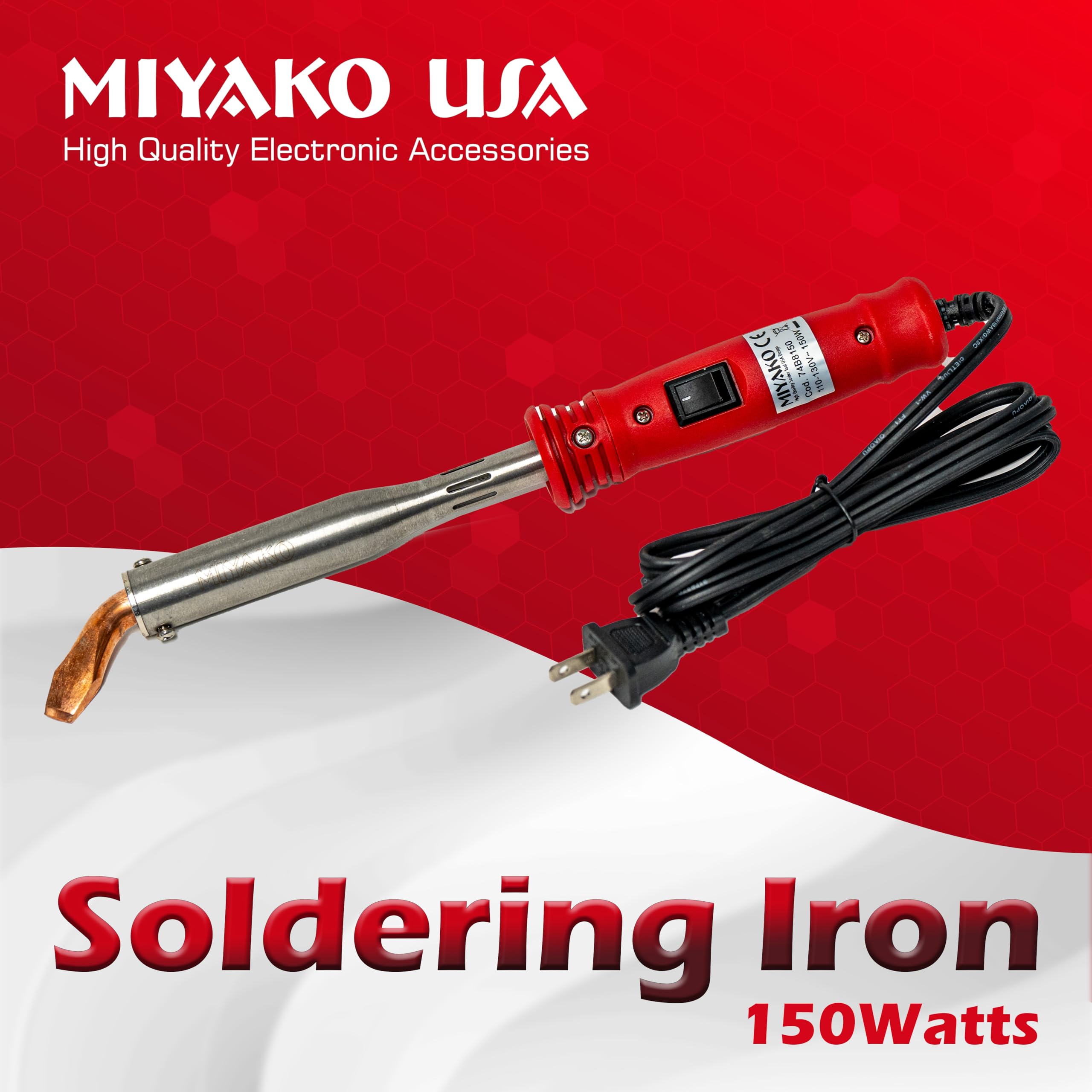 MIYAKO USA 150 Watts Heavy Duty Soldering Iron, High-Performance Pencil Welder with Reinforced Plastic and Rubber Handle, Replaceable Tip and Power Switch (74B8150)