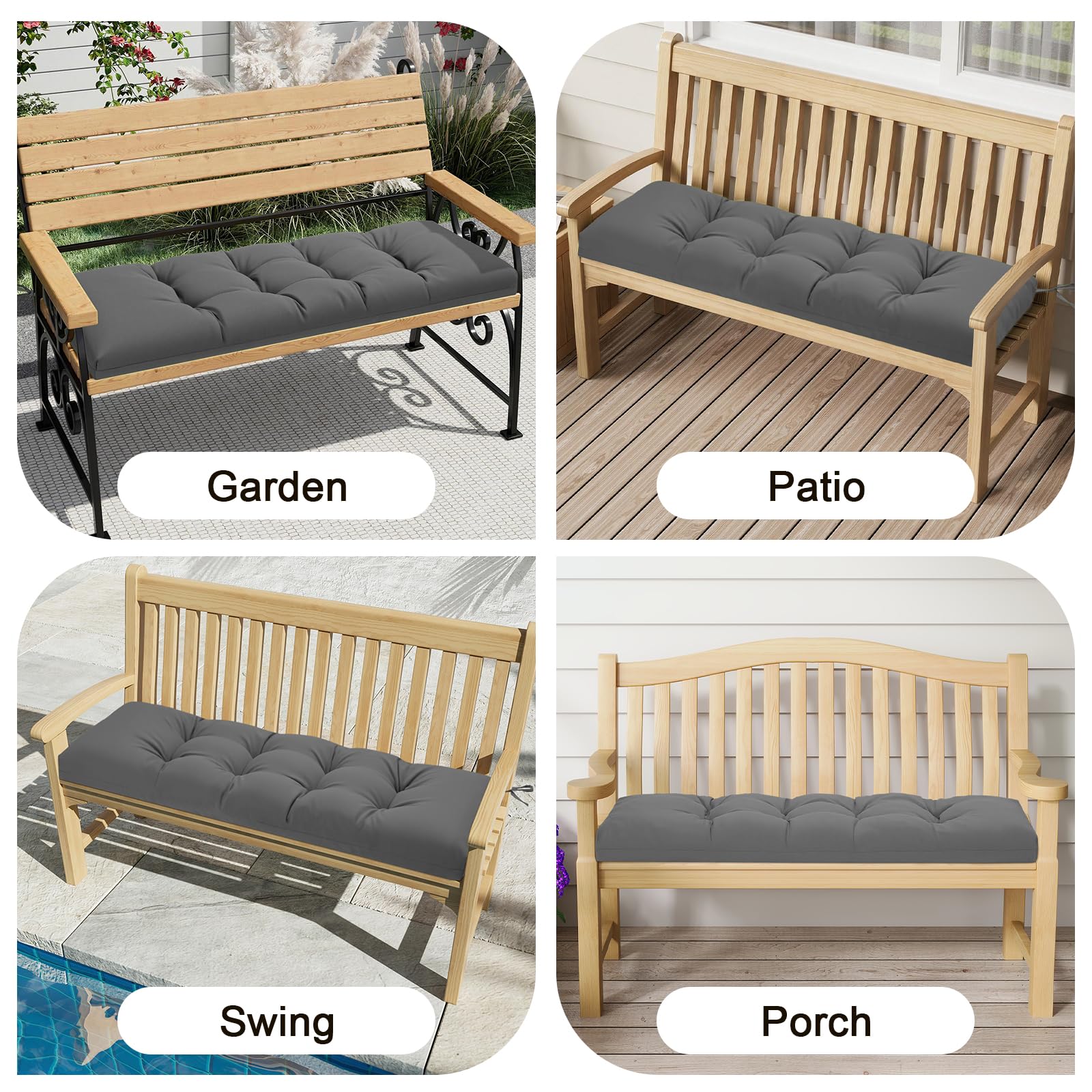Cuscino per panca da giardino esterno, spessore 8 cm, trapuntato, impermeabile, con laccetti, cuscino di ricambio per patio, prato e divano a 2 posti, 108 x 45 cm, colore grigio scuro