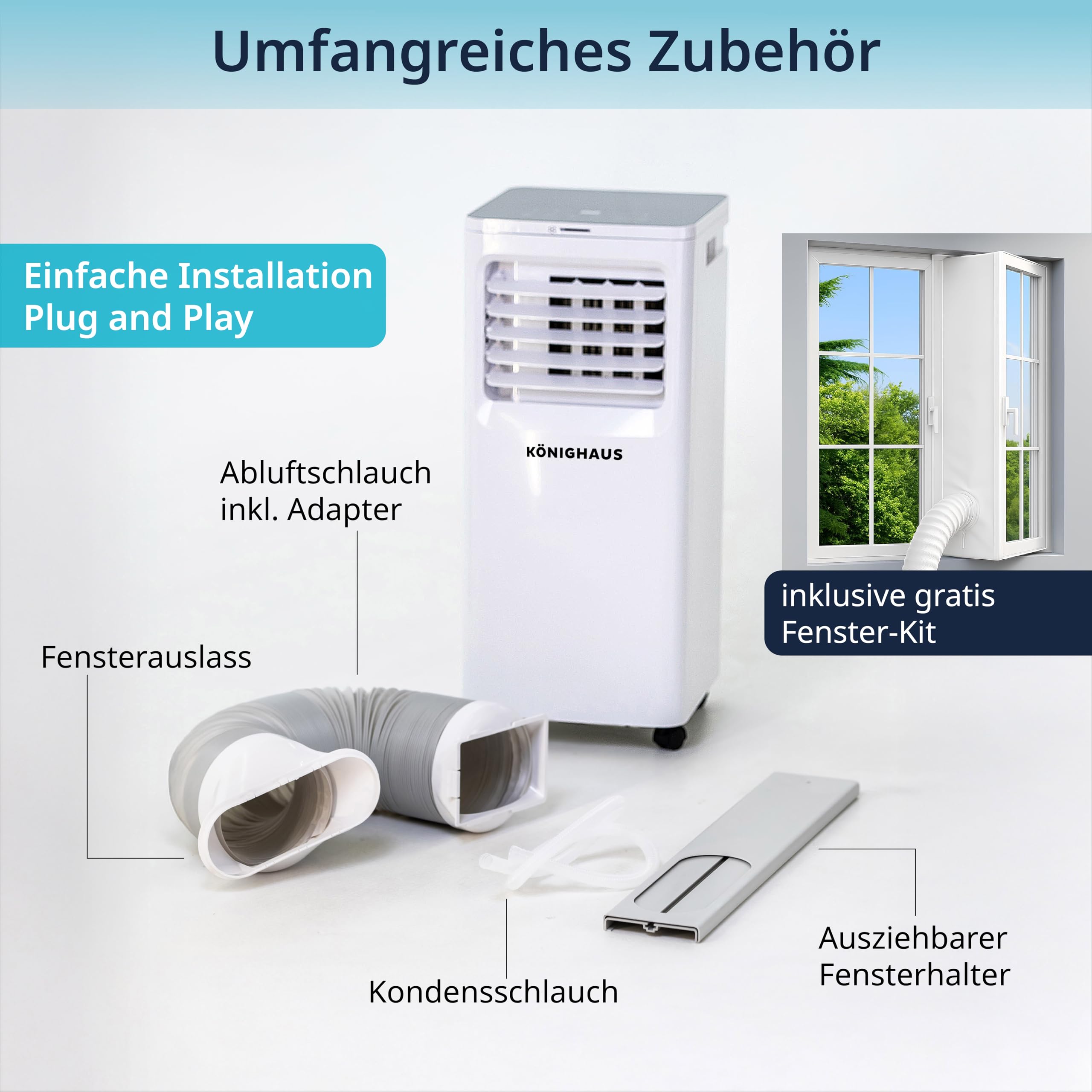 Könighaus Smarte Mobile Klimaanlage 9000 BTU für Räume bis 20m² - 4-in-1 | Kühlung, Entfeuchtung, Ventilator und Luftreinigung – energieeffizient (A) – inkl. Fernbedienung und App-Steuerung