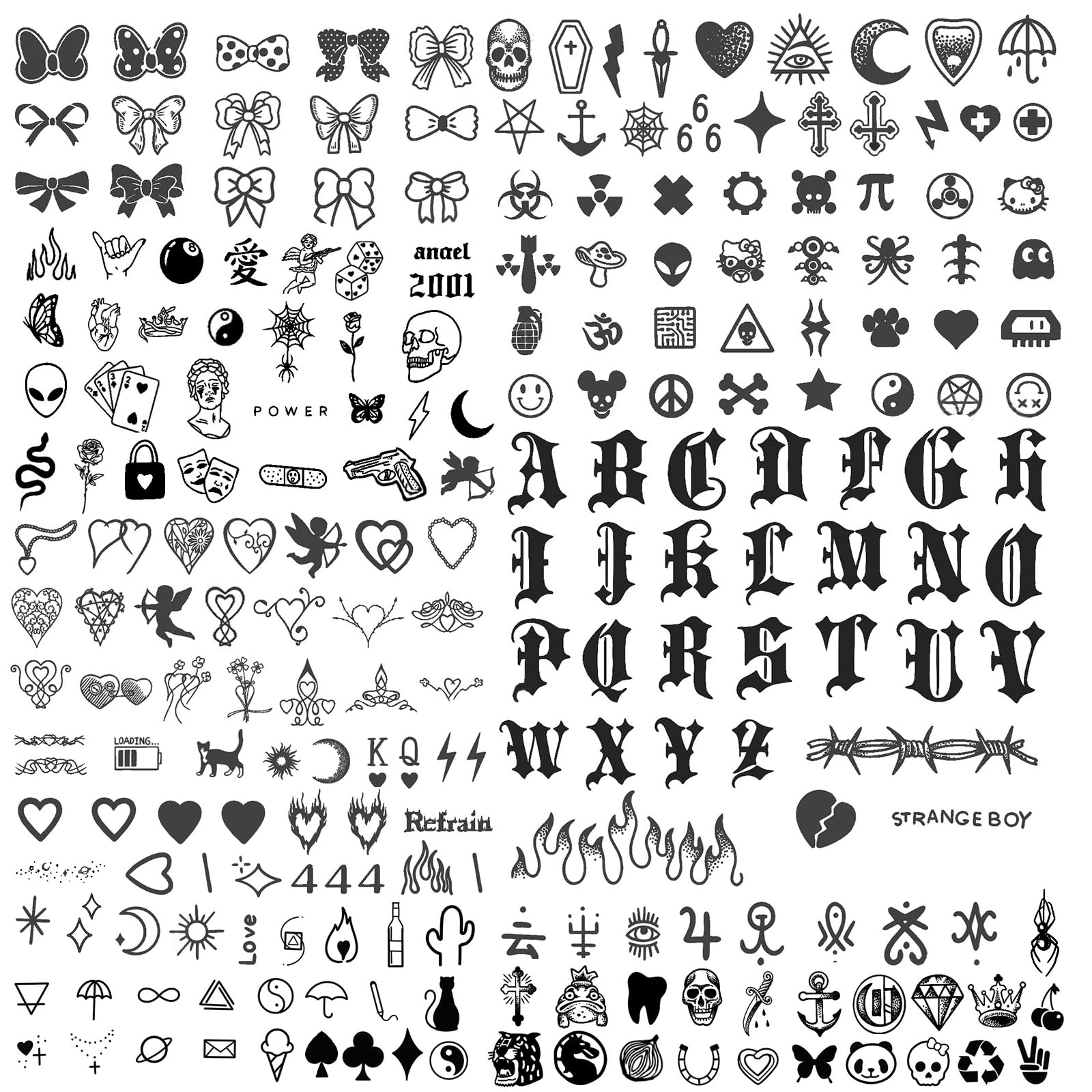 NATOSU 12 hojas de más de 100 piezas de tatuajes temporales 2 semanas Tatuajes de letras para pegar en tatuajes falsos Tatuajes adhesivos Pequeños patrones Motivos geniales para hombres y mujeres