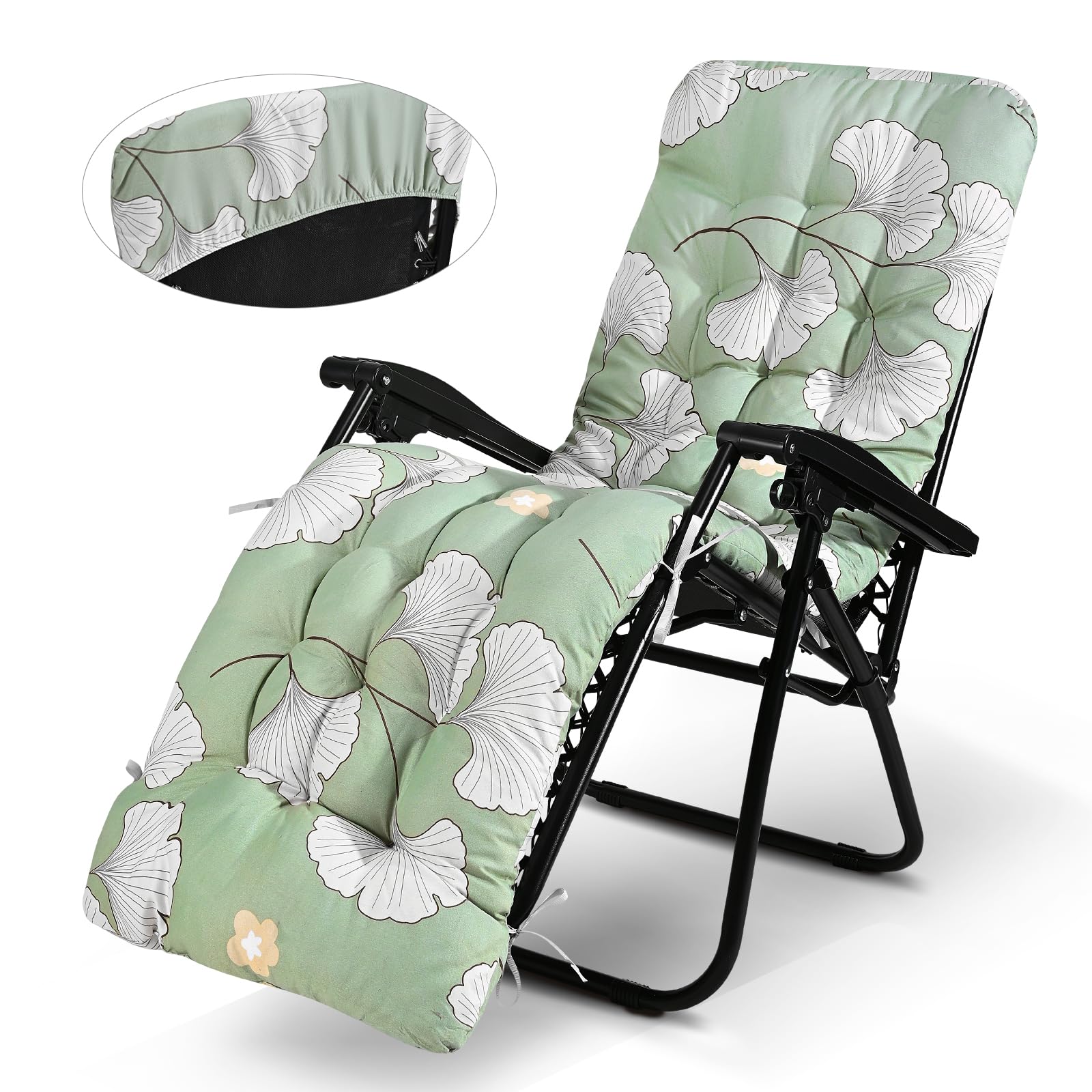 Zyncove Cuscino per sedia a sdraio da giardino spesso con copertura antiscivolo e corda per legare, 170x53x8cm (Ginkgo Biloba)