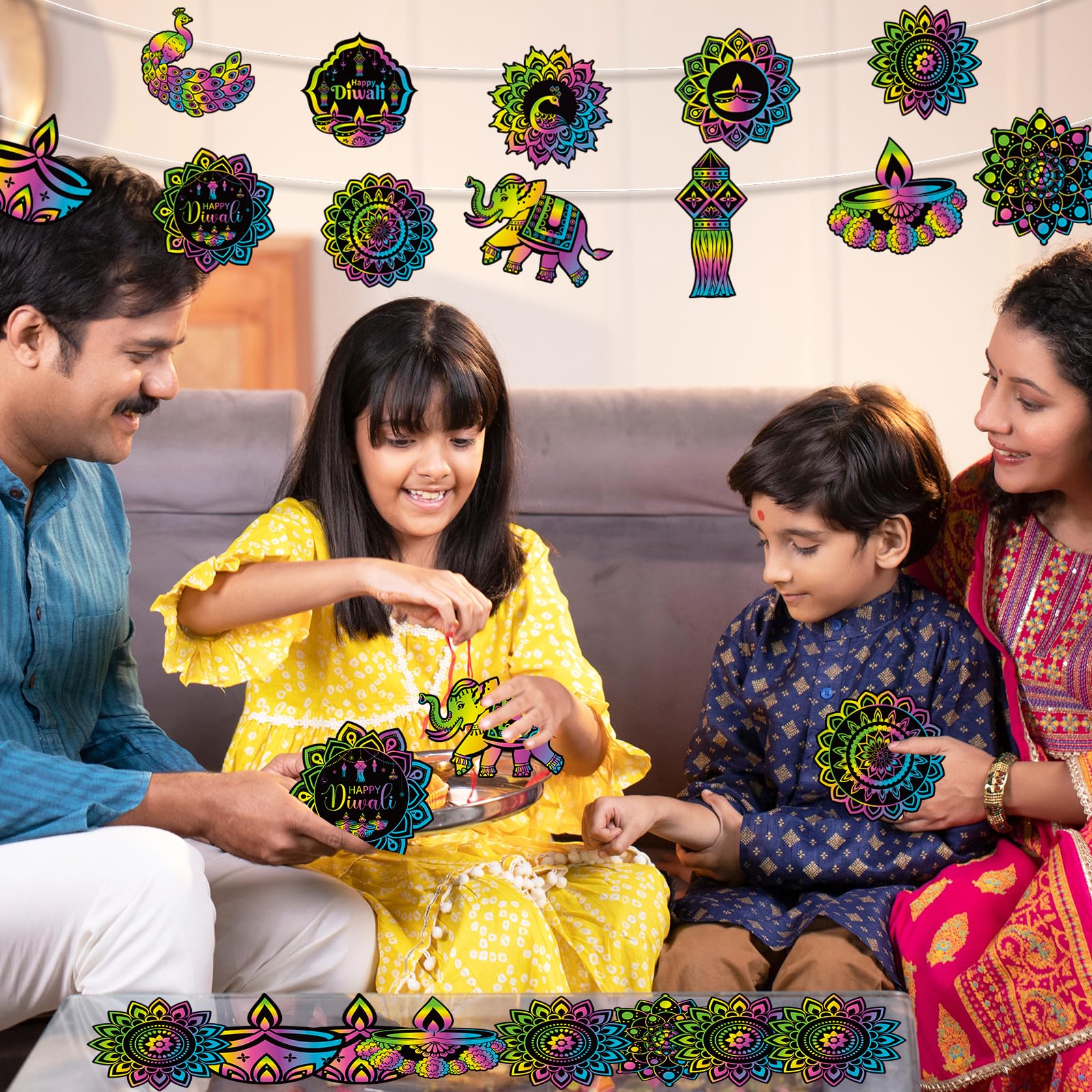 HOWAF 36 Diwali Scratch Art for Kids Diwali Crafts for Kids with Diyas & Rangoli Designs Rainbow Scratch Paper Happy diwali Decorations Hanging Ornaments Craft Kits Gifts for kids Party Bag Fillers - Image 4