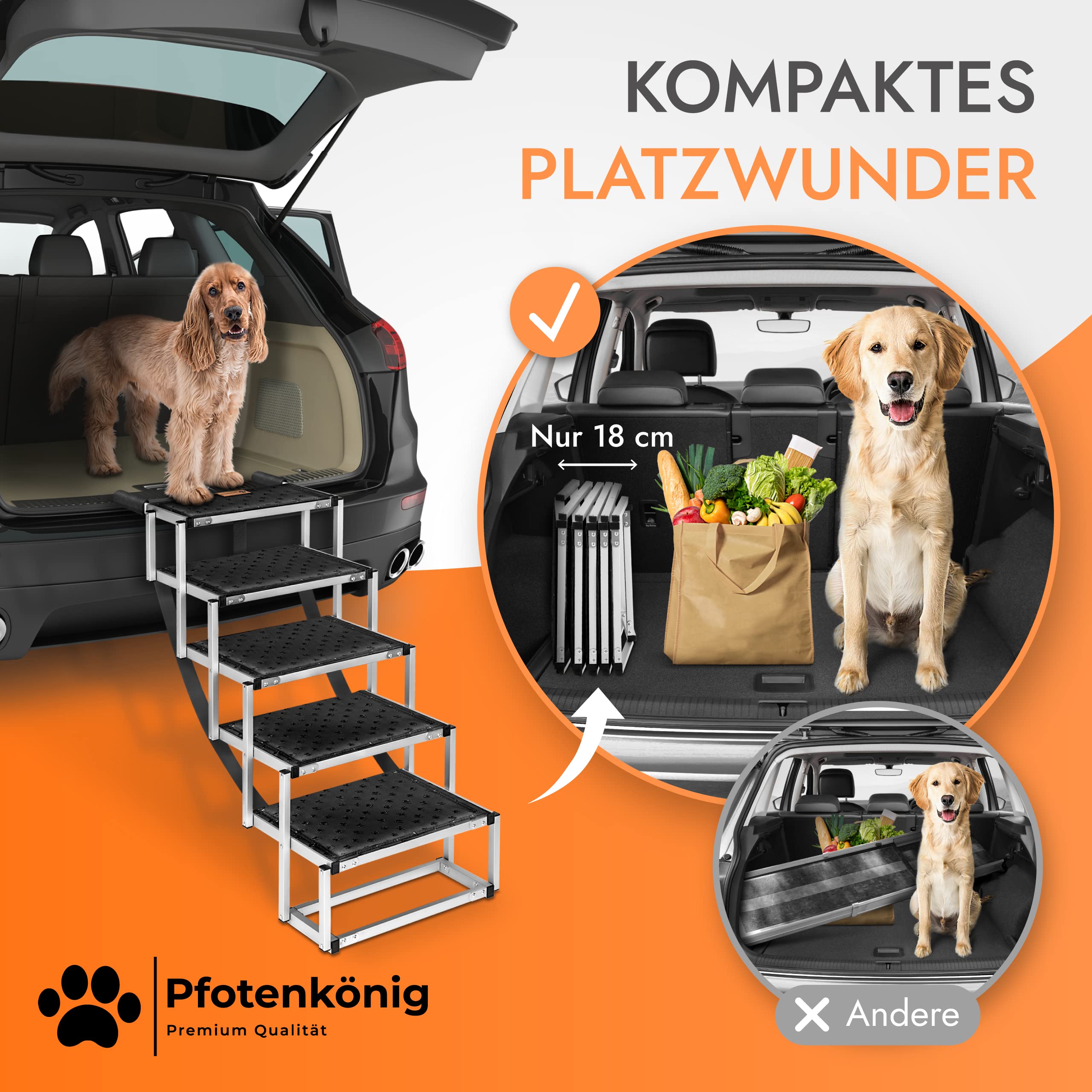 Hundetreppe Auto [bis 70kg] - ultraleichte Premium Hunderampe Auto klappbar - Einstiegshilfe Hund Auto sehr stabil und kompakt - Hundetreppe faltbar 55-85cm - Für alle Autos