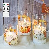 Vista 1 de Velas LED sin llama de otoño con temporizador remoto, juego de 3 luces cálidas, decoración del hogar, funciona con pilas, calabaza, hojas de arce