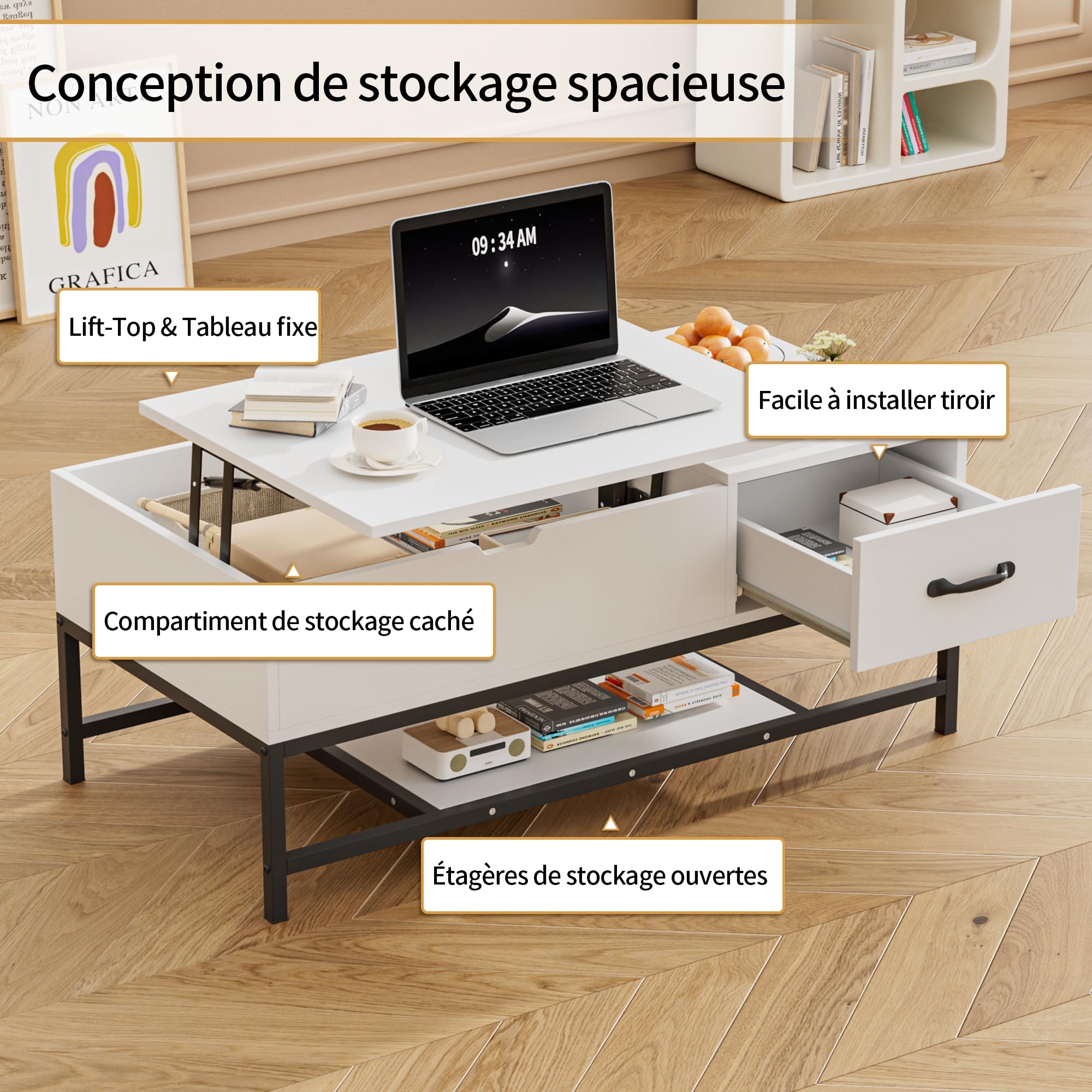 BonVache Table Basse Hauteur Réglable, Table de Salon,Table pour Salon, Table de Café,Blanc