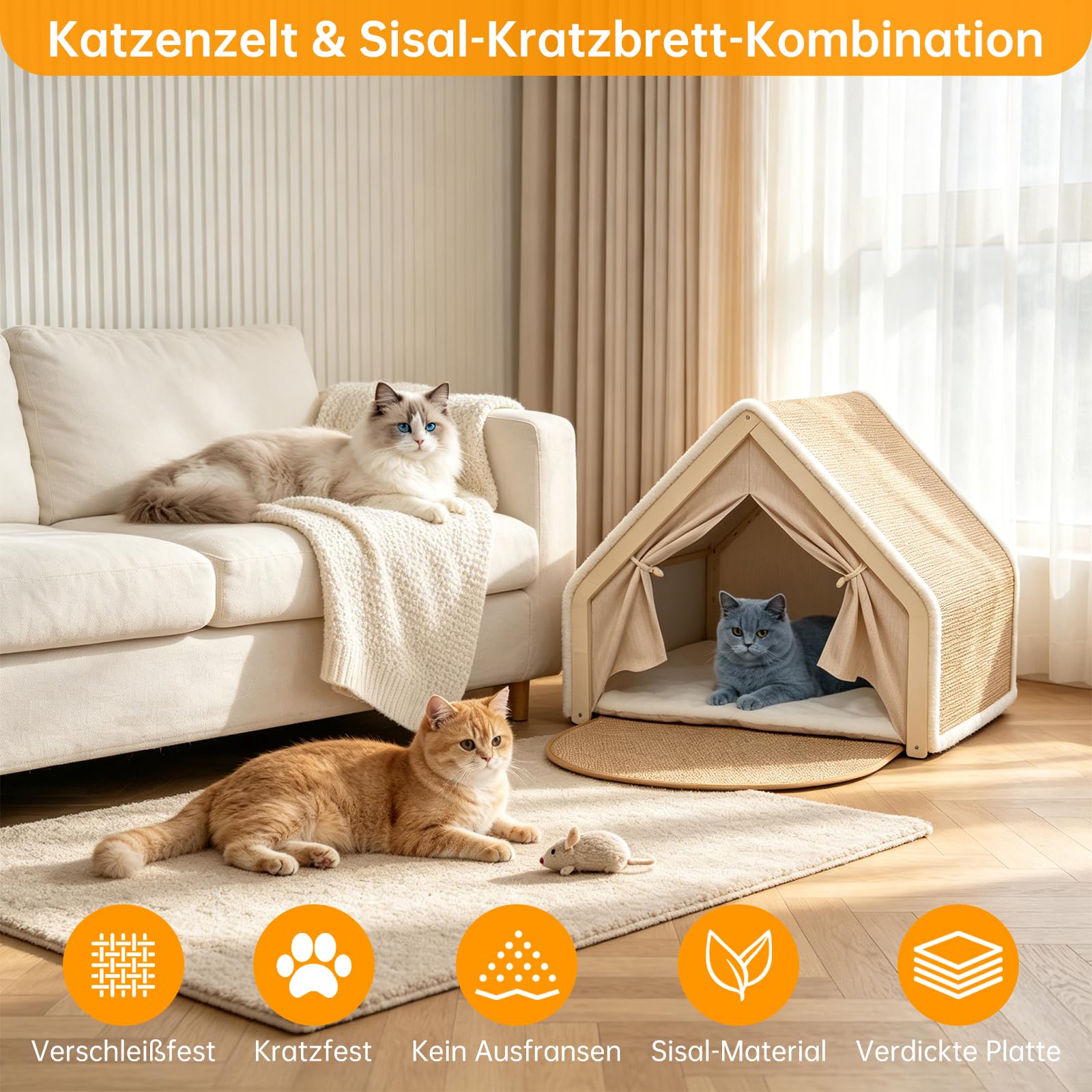 Sisal & Holz Katzenhöhle Katzenhaus Indoor mit Oben Kratzbrett Katze(Beige)