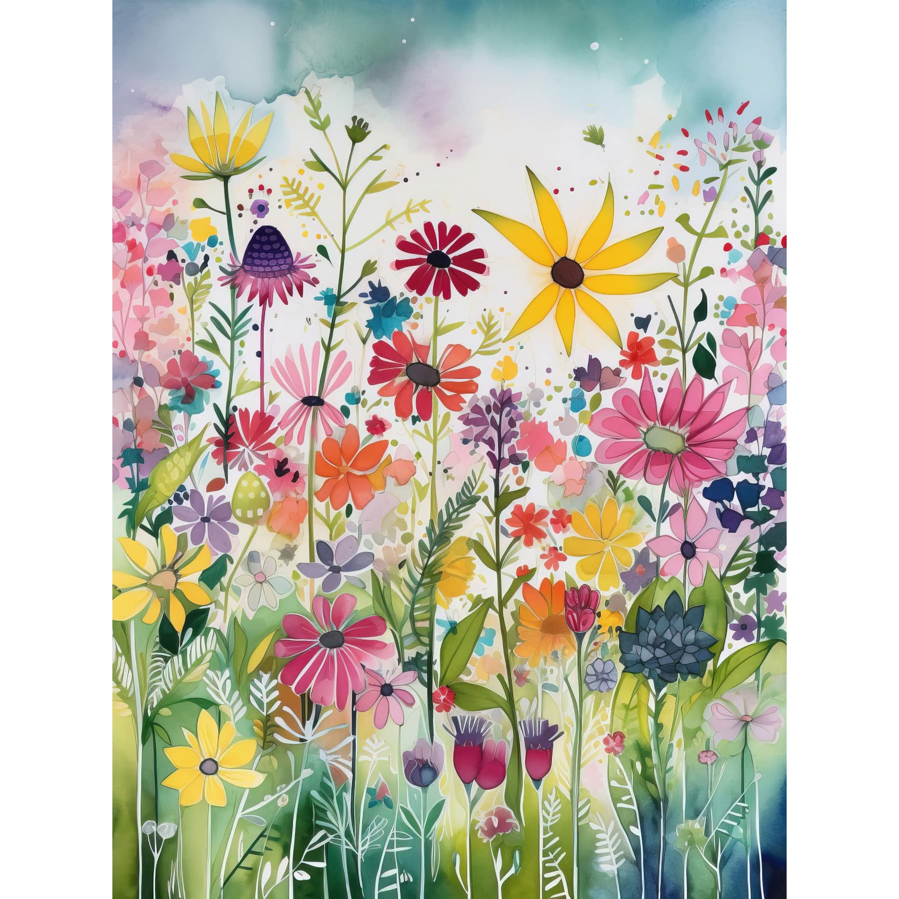 Artery8 Bright Wildflower Floral Blooms Folk Art Large Wall Art Poster Print Thick Paper 18X24 Inch