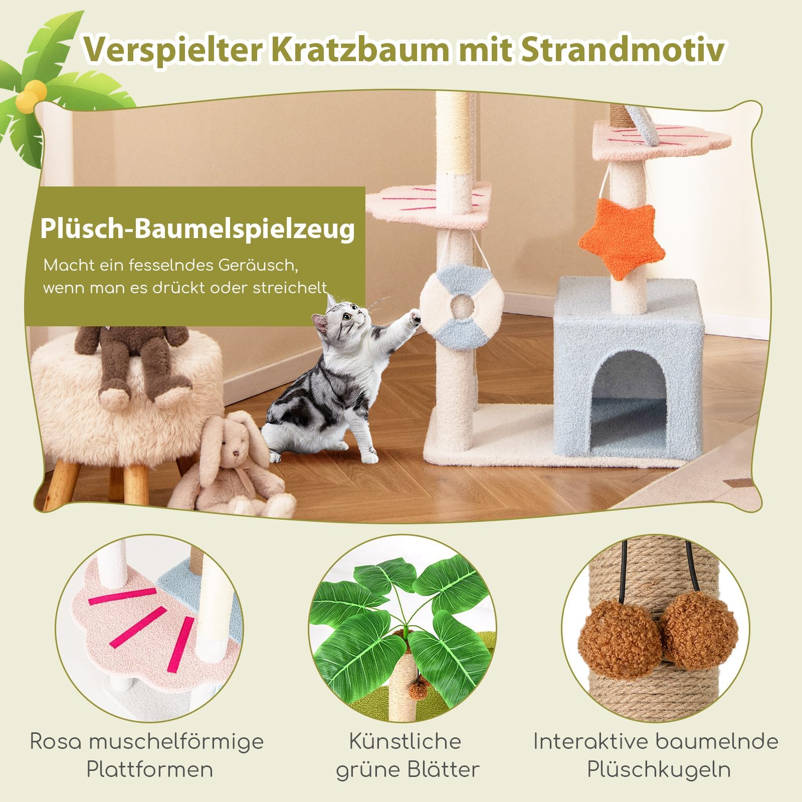 COSTWAY Drapak duży, 180 cm, wielopoziomowy drapak dla kota z 2 jaskiniami dla kotów, platformami, słupkami sizalowymi, drabinką, deską do drapania i zabawkami, drapak dla kota, drzewo do wspinaczki