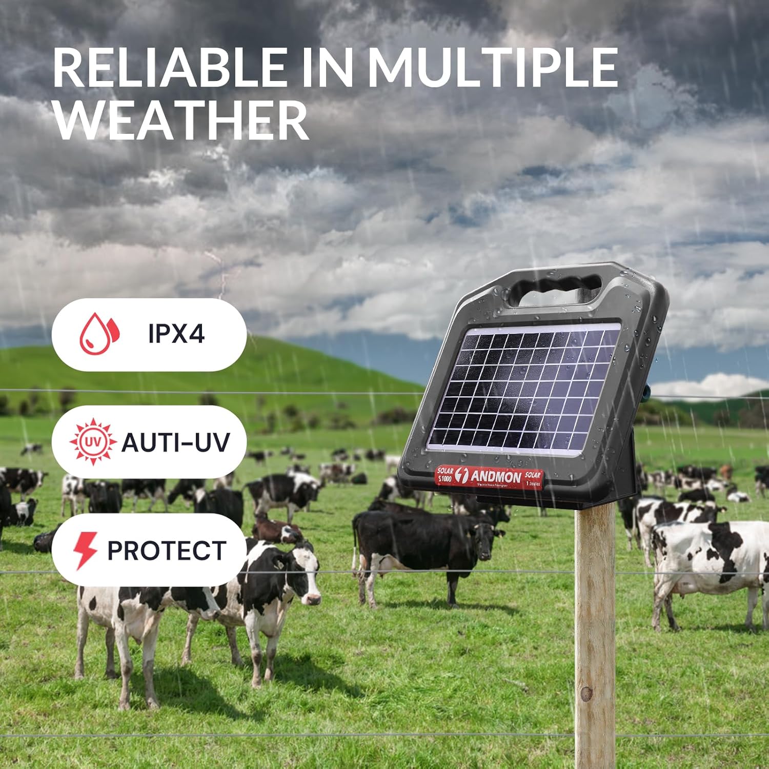 S1000 1 Joule Solar Fence Charger, 40 Miles Solar Electric Fence Charger for Livestock, Horses, Cattle Sheep, Portable and Super Tough