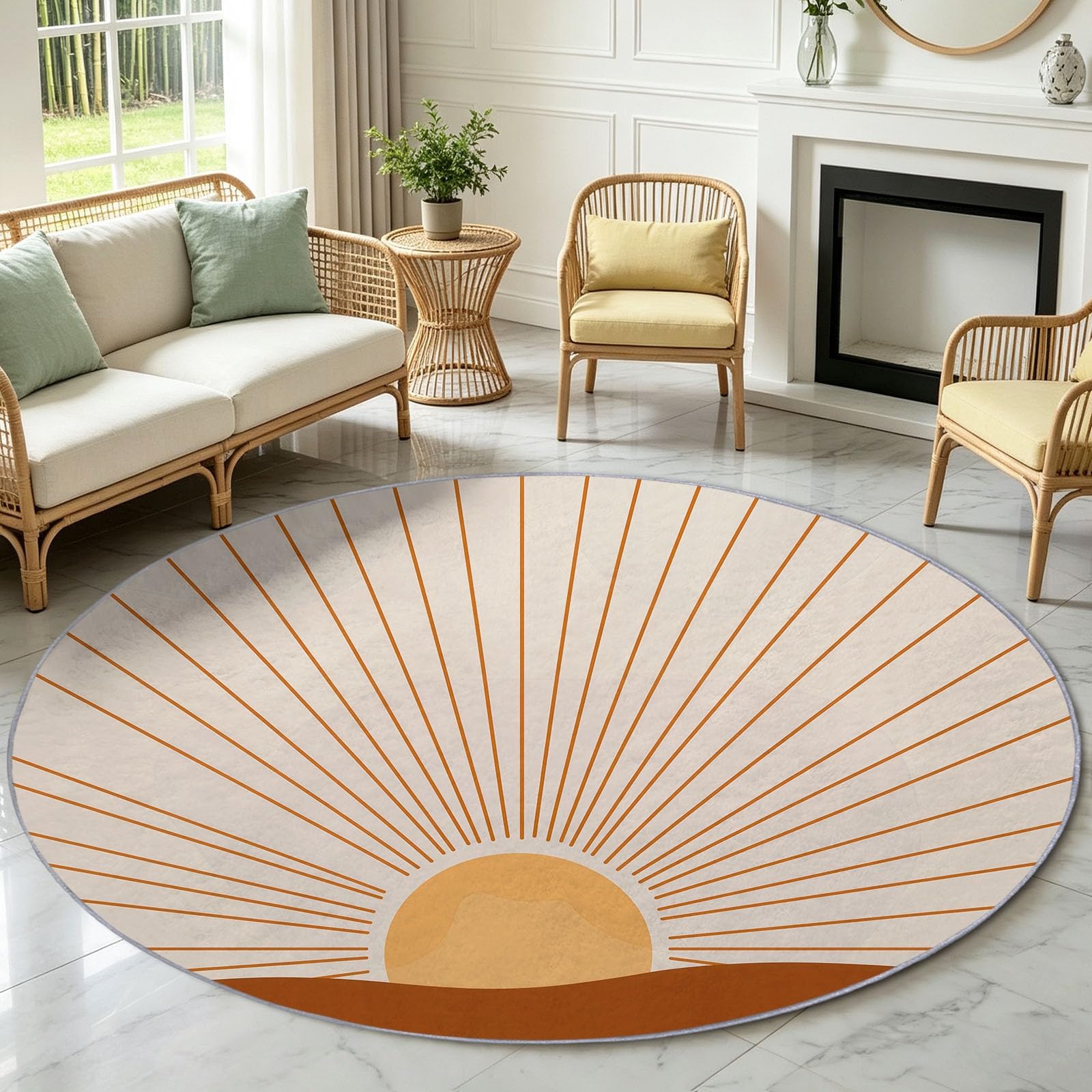Tappeto rotondo lavabile, 90 cm, stile bohémien, morbido, con stampa astratta rossa dei raggi del sole, antiscivolo, per ingresso, soggiorno, camera da letto, accanto al divano e all'ufficio (beige)