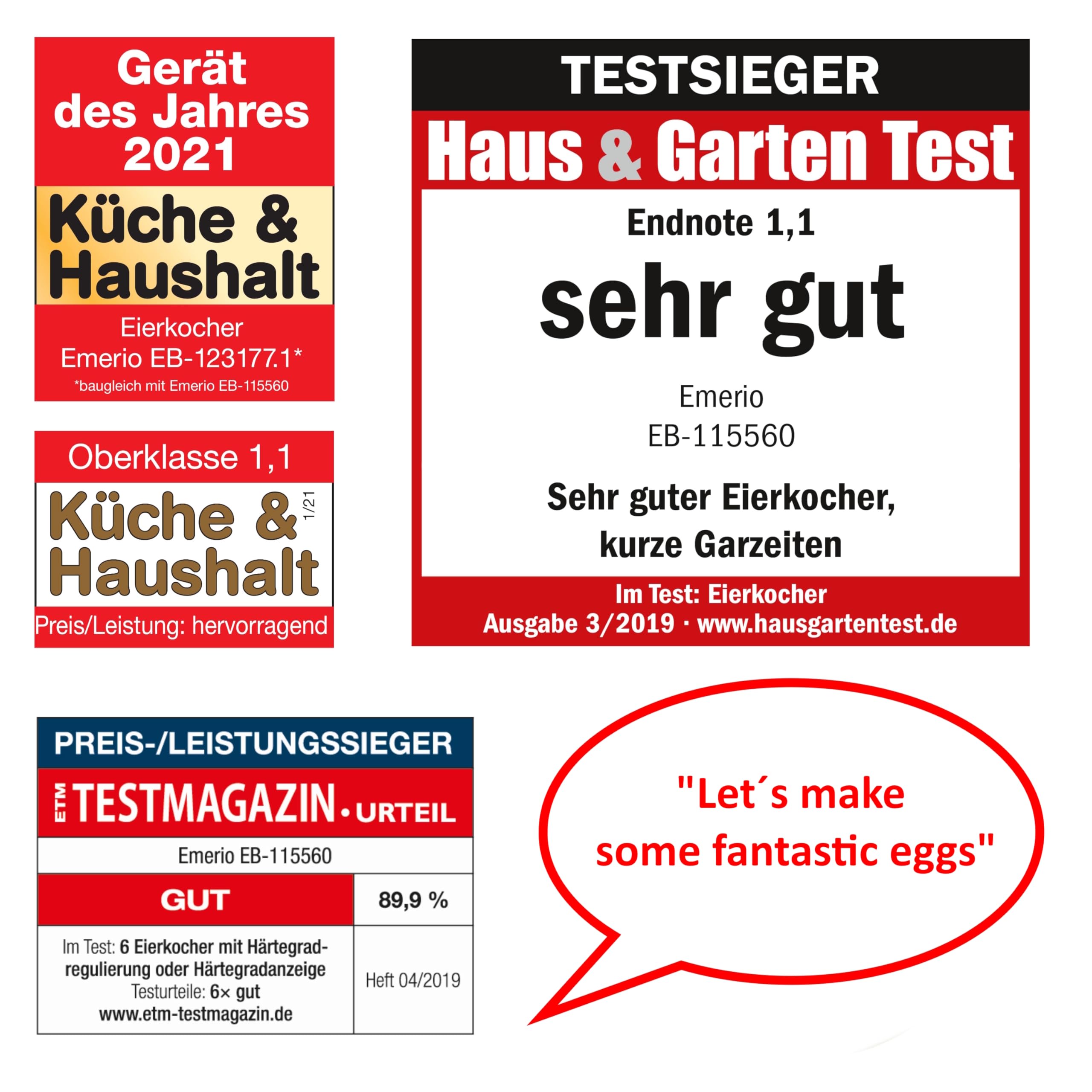 EMERIO einzigartiger sprechender Eierkocher in markant amerikanischem Englisch | kocht alle drei Garstufen [weich|mittel|hart] in nur einem Kochvorgang für bis zu 6 Eier gleichzeitig | EB-115560.20