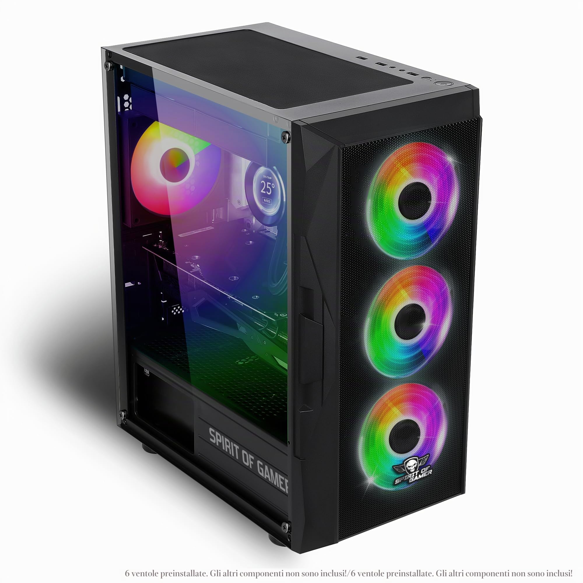 Spirit Of Gamer Chassis di gioco RGB per PC, 6 ventole ARGB incluse, compatibile con mATX, gioco medio vuoto con parete laterale in vetro temperato, ottimizzata per il raffreddamento
