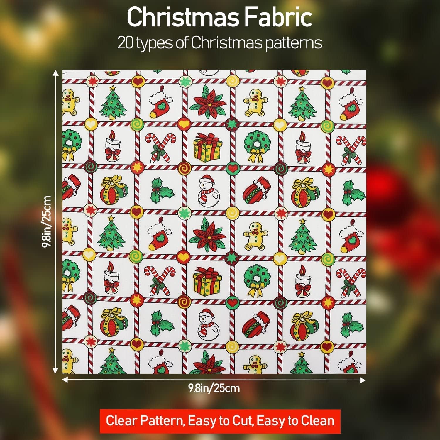 Christmas Fabric Bundles, 20 Pcs Different Pattern Christmas Quilting Patchwork, Fabric Squares with Snowman and Santa Xmas Sewing Crafting DIY Supplies(9.8 x 9.8 Inch/25 x 25 cm)