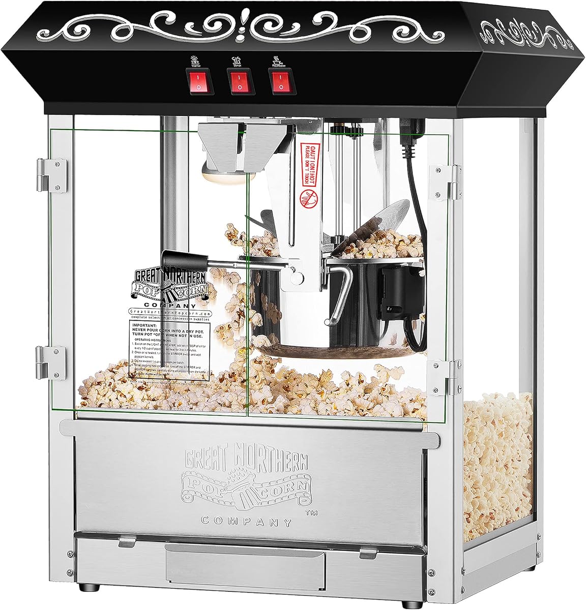 Perfect Popper Popcorn Machine - 10oz Stainless-Steel Kettle, Reject Kernel Tray, Warming Light, and Accessories by Great Northern Popcorn (Black)