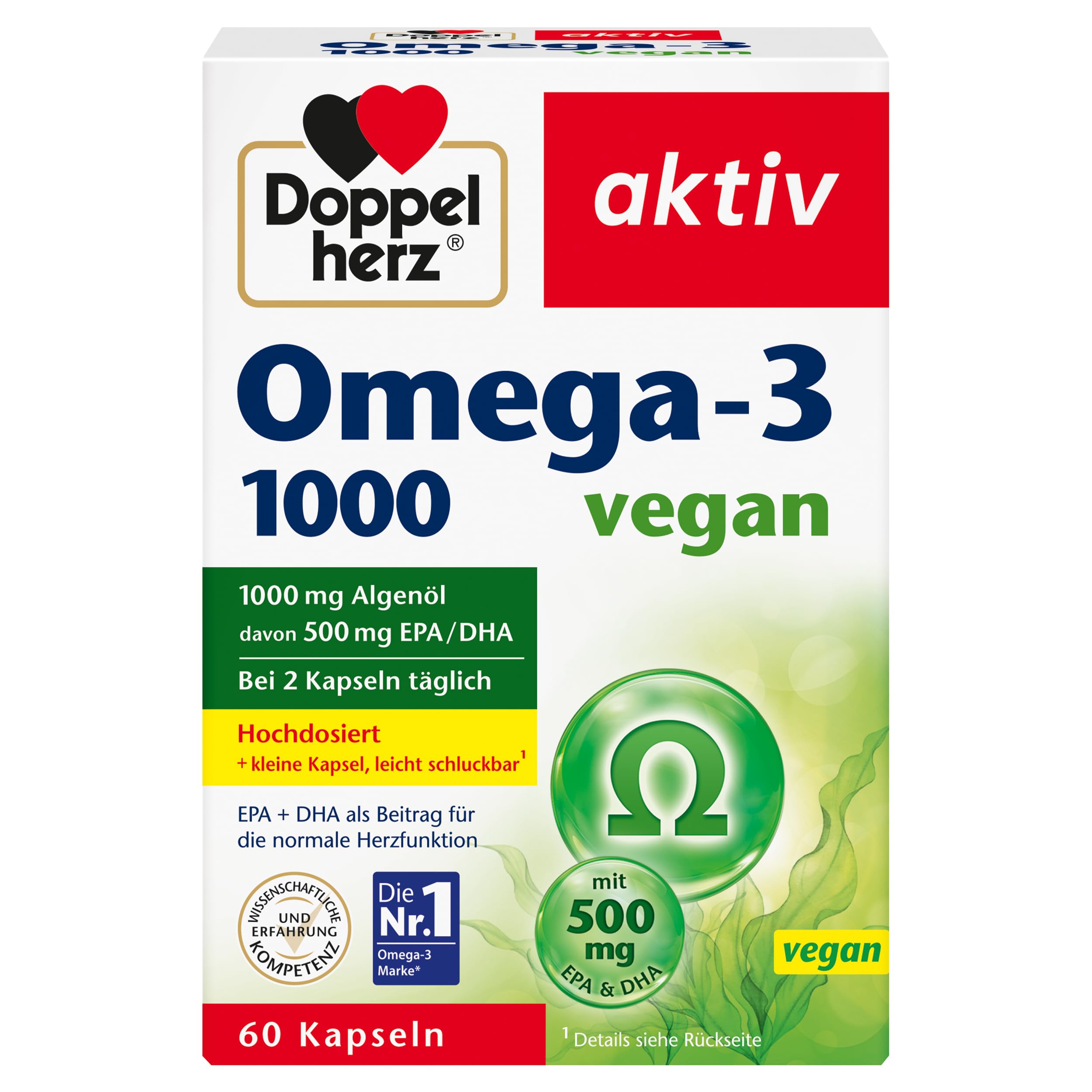 Doppelherz Omega-3 1000 vegan - Hochdosierte Omega-3-Fettsäuren EPA & DHA aus pflanzlichem Algenöl - 60 kleine & vegane Kapseln