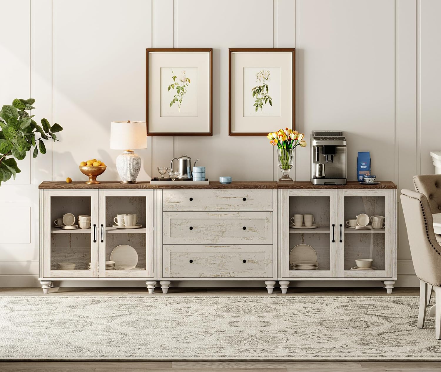 WAMPAT 3-in-1 Sideboard Buffet Cabinet with Ample Drawers, Farmhouse Kitchen Pantry Storage Cabinet, Console Table Entertainment Center for Living Room or Dining Room, Rustic White