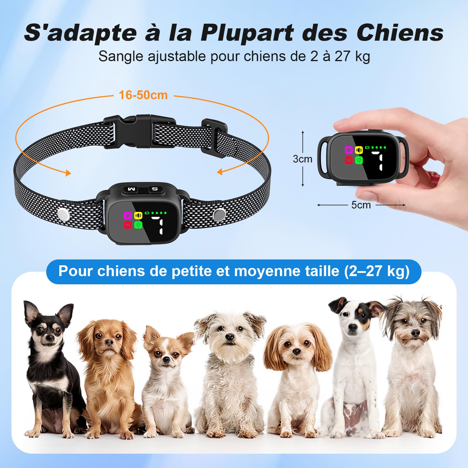 MASBRILL Collier Anti Aboiement pour Petits Chiens, Rechargeable Anti Aboiement Collier Dressage avec 3 Modes Son/Vibration, 7 Niveaux de Sensibilité