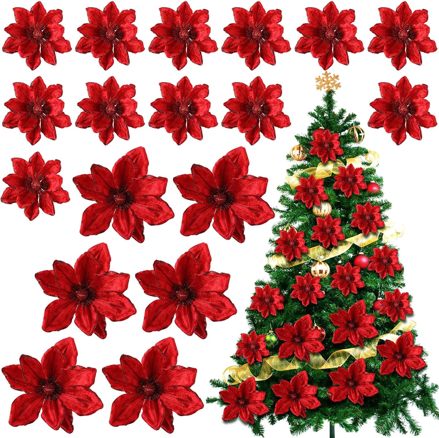 18 Pcs 12" 9.8" Large Poinsettia Flowers Artificial for Christmas Tree Glitter Poinsettias Picks with Stem Xmas Faux Silk Floral Ornaments for Santa Garland Home Decoration Party(Red)