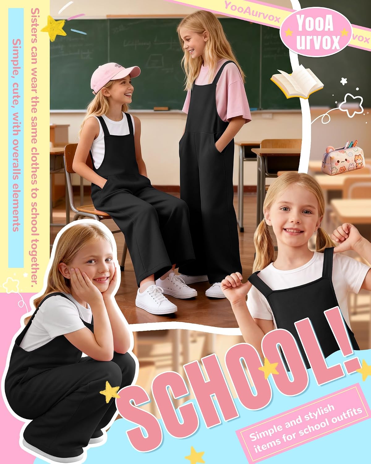 Girls Overall Jumpsuit Straight Leg Sleeveless Knit Pants for 5-16 Years Kids Casual Basic Rompers with Pockets