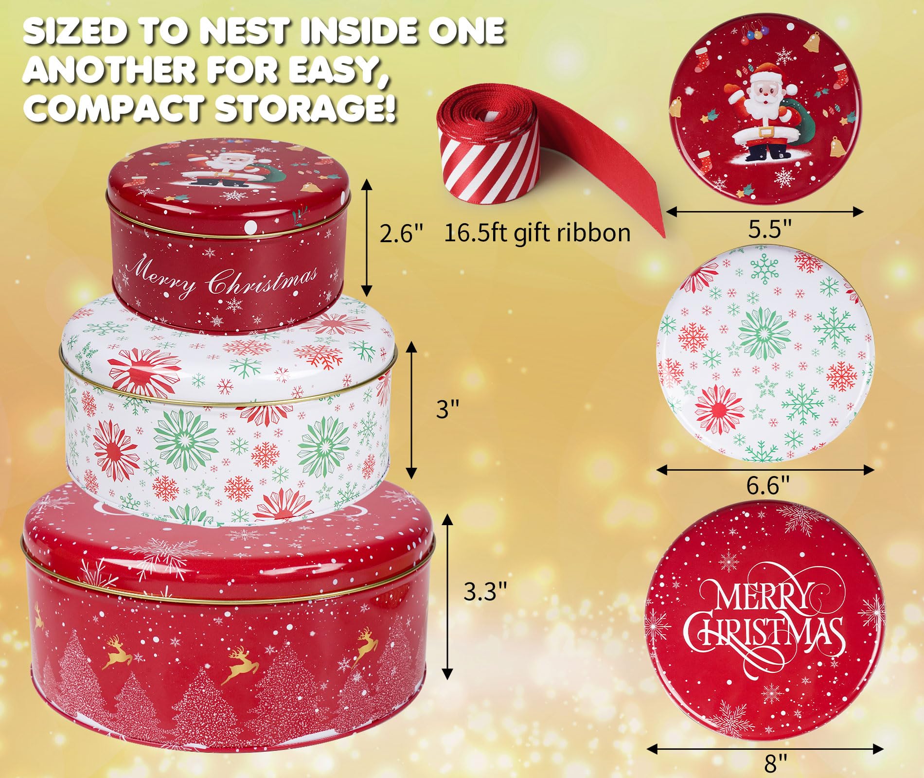 DIYDEC 3 Pack Christmas Cookie Tins Nesting Set - Large, Medium, Small Metal Tins With Lids & Ribbon - View #7