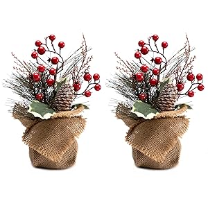 LOHASBEE Mini Christmas Tree, 2PACKS 10-Inch Small Table Top Portable Christmas Tree with Red Berries for Kid Gift Office Tabletop and Room Desktop Holiday Party Decorations