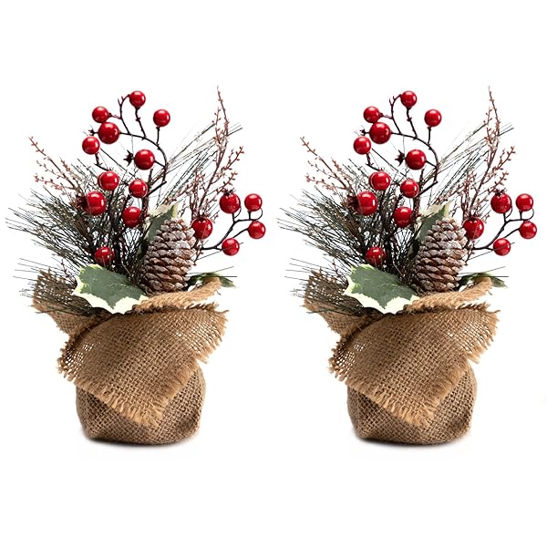 LOHASBEE Mini Christmas Tree, 2PACKS 10-Inch Small Table Top Portable Christmas Tree with Red Berries for Kid Gift Office Tabletop and Room Desktop Holiday Party Decorations