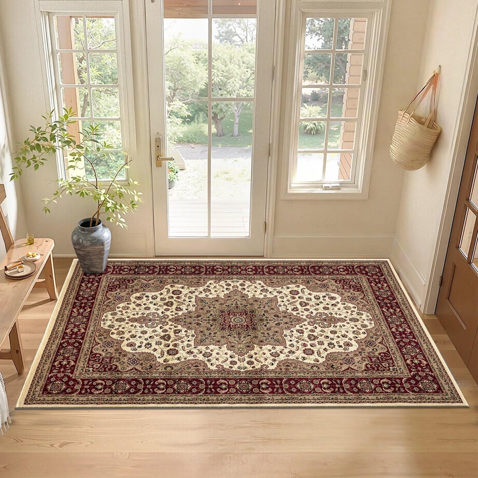 cozily® Door Matt Indoor, Floral Turkish Classical Soft Pile Large Door Mat, Backing Bedroom Decor Anti fatigue office chair Kitchen Doormats - 80 x 150 - Rome Cream