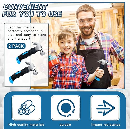 Miniatura 10 de 2 martillos pequeños de 8.8 onzas, martillo de garra multiusos, mini martillo rechoncho de uñas con mango de goma suave, herramientas de campamento