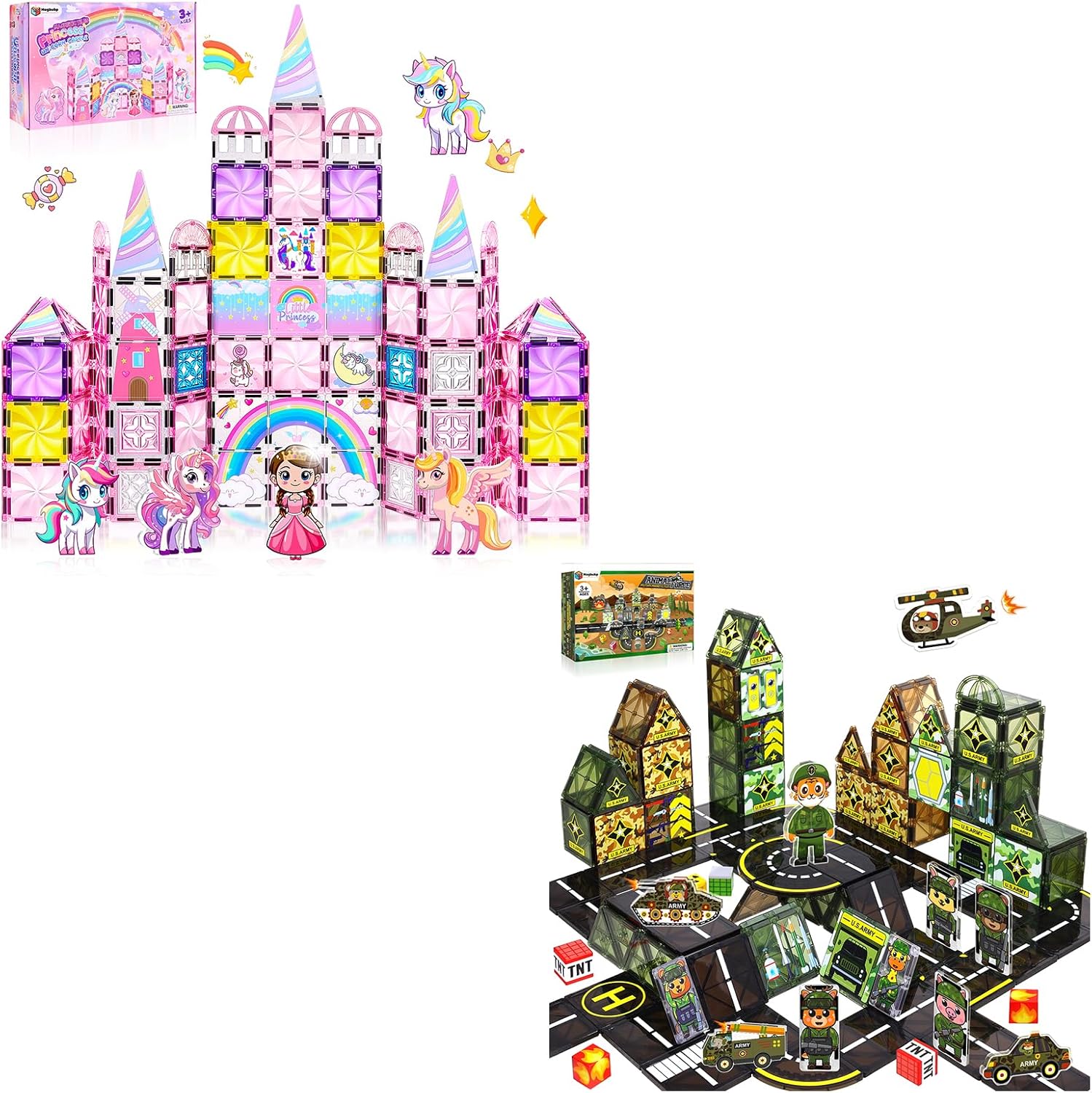 Diamond Magnetic Tiles Unicorns Princess Castle with Magnetic Art Decor Kit + Magnetic Tiles Army Toys with Military Animal Squad